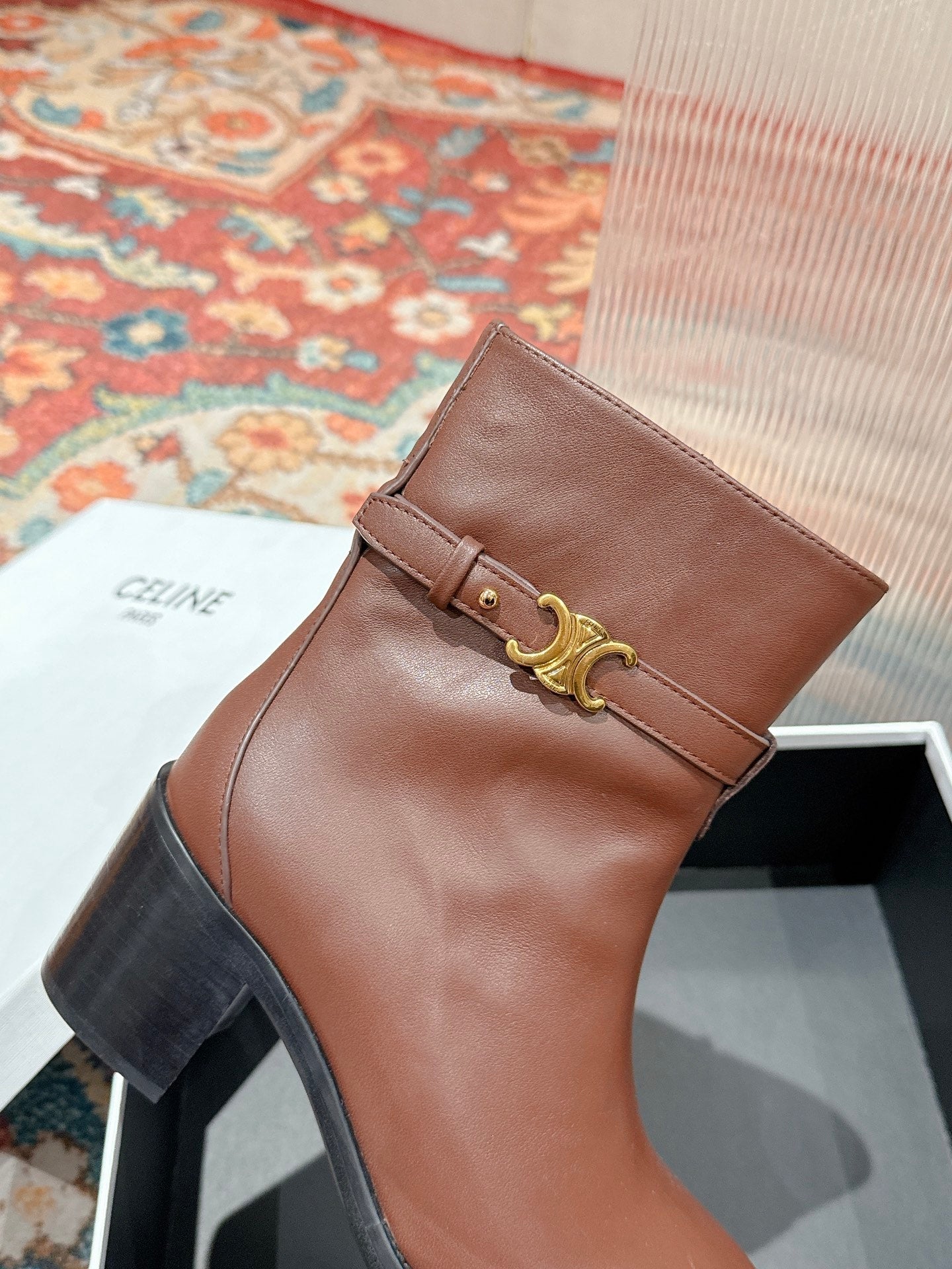 Celine Garance Triomphe Strap Boot 60mm Brown Calfskin