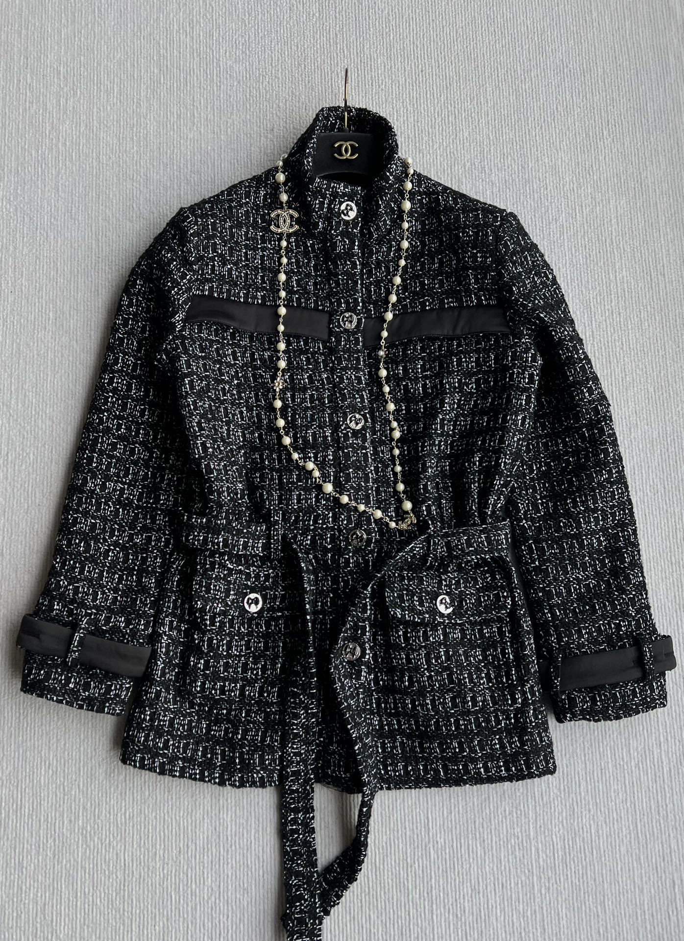 CC Belted Jacket Black White Cashmere Tweed 318587