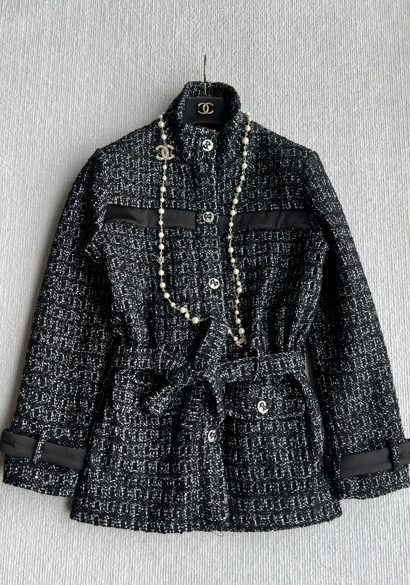 CC Belted Jacket Black White Cashmere Tweed 318587