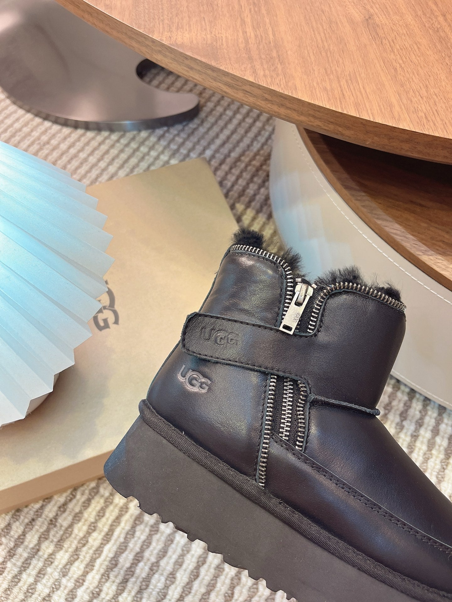 UGG Classic Rebel Biker Mini Boots Black Cowhide Fur