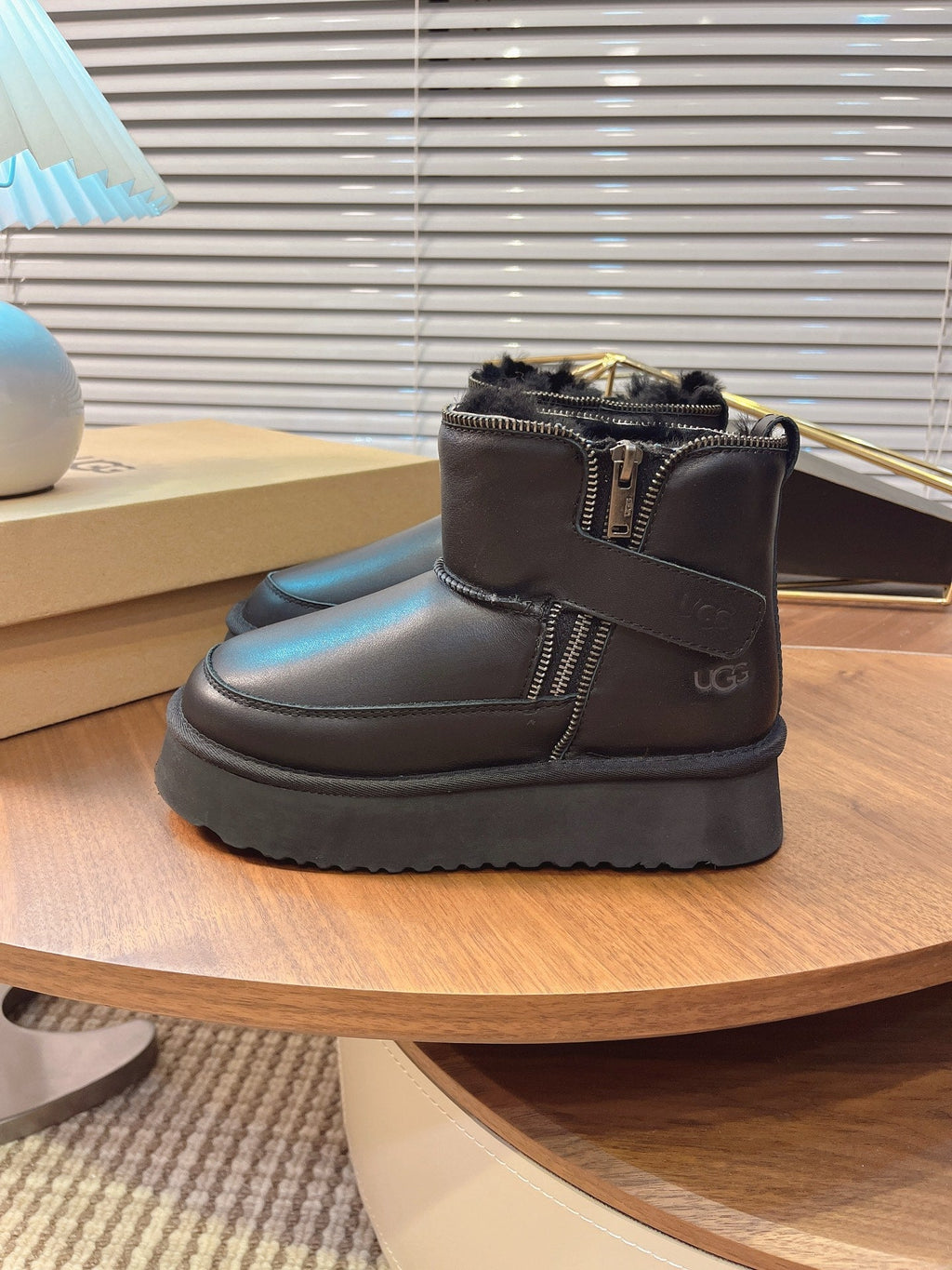 UGG Classic Rebel Biker Mini Boots Black Cowhide Fur