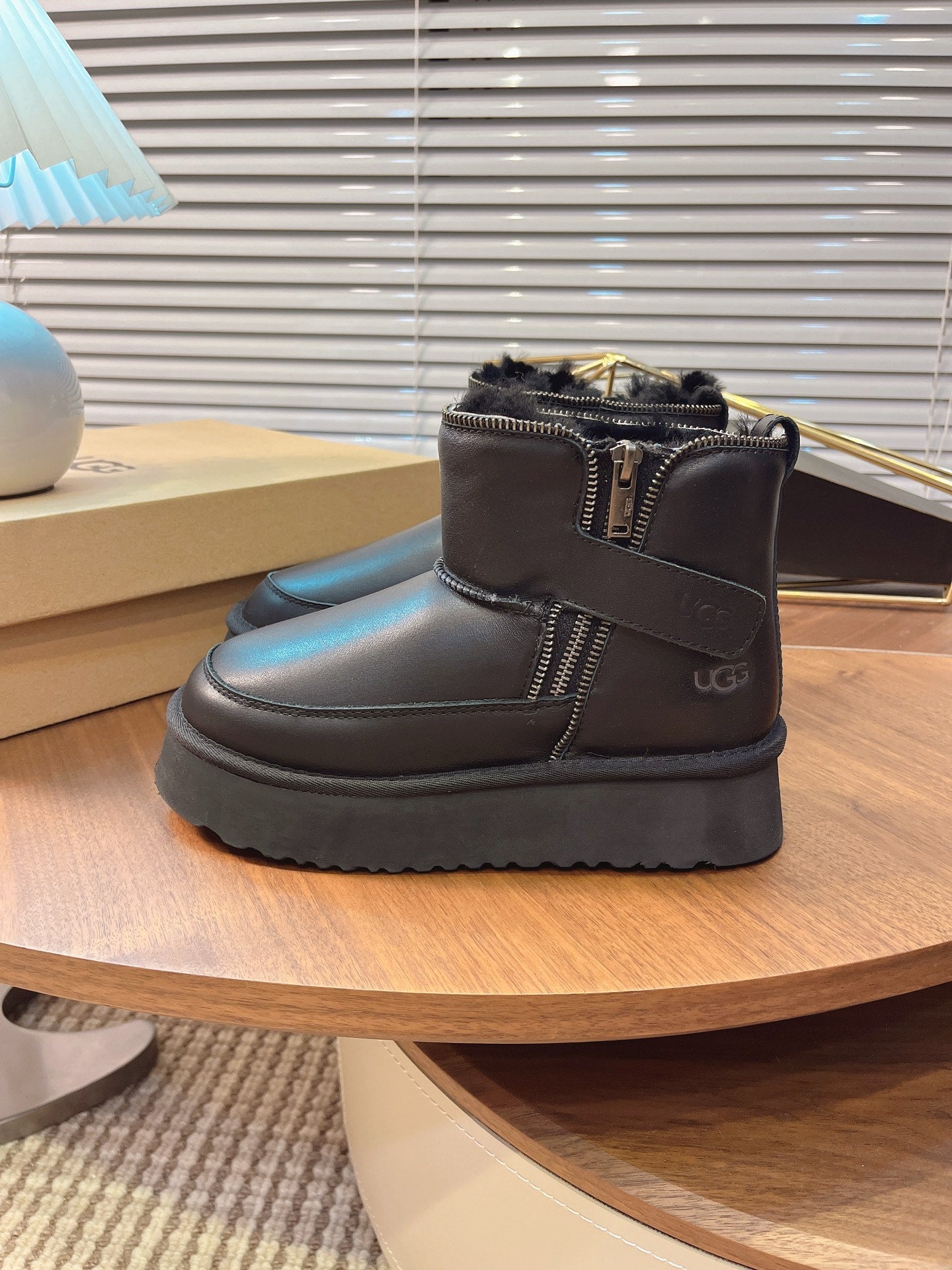 UGG Classic Rebel Biker Mini Boots Black Cowhide Fur