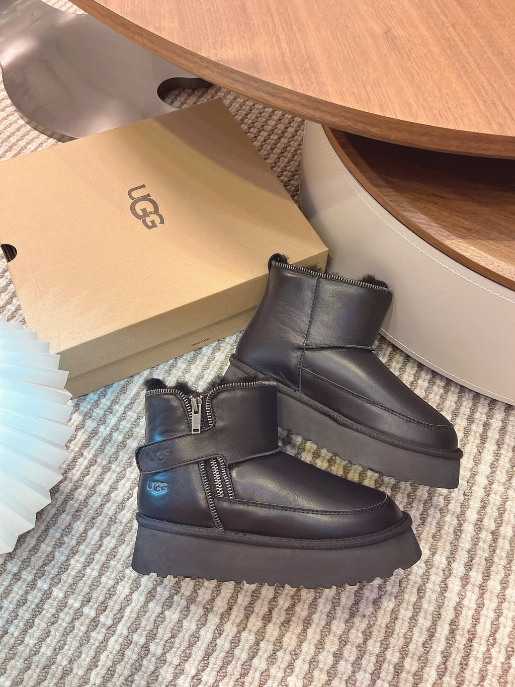 UGG Classic Rebel Biker Mini Boots Black Cowhide Fur