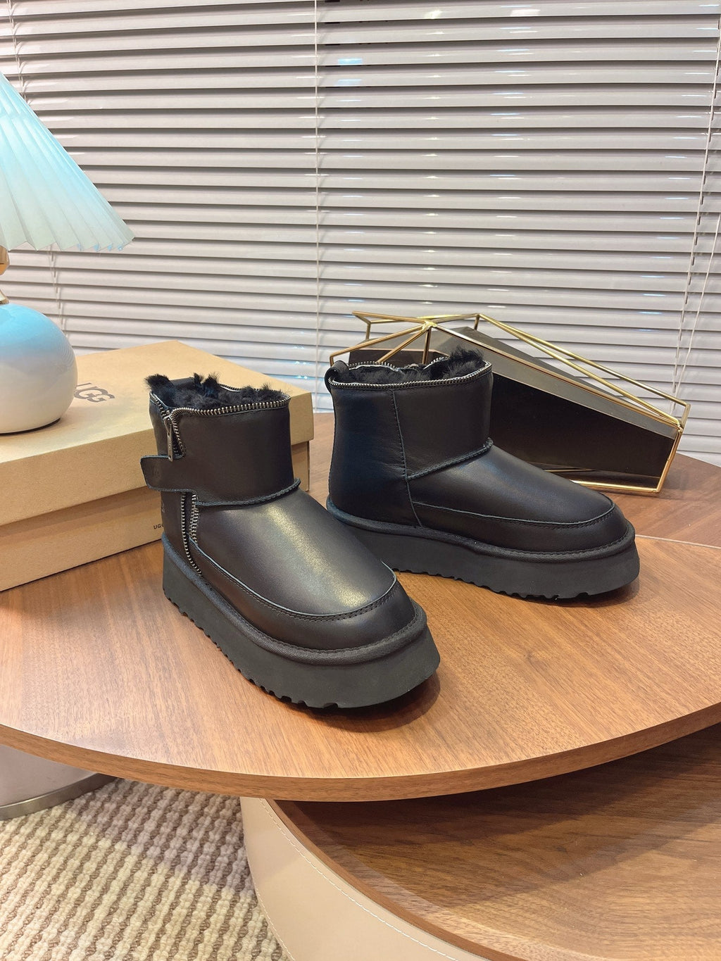 UGG Classic Rebel Biker Mini Boots Black Cowhide Fur