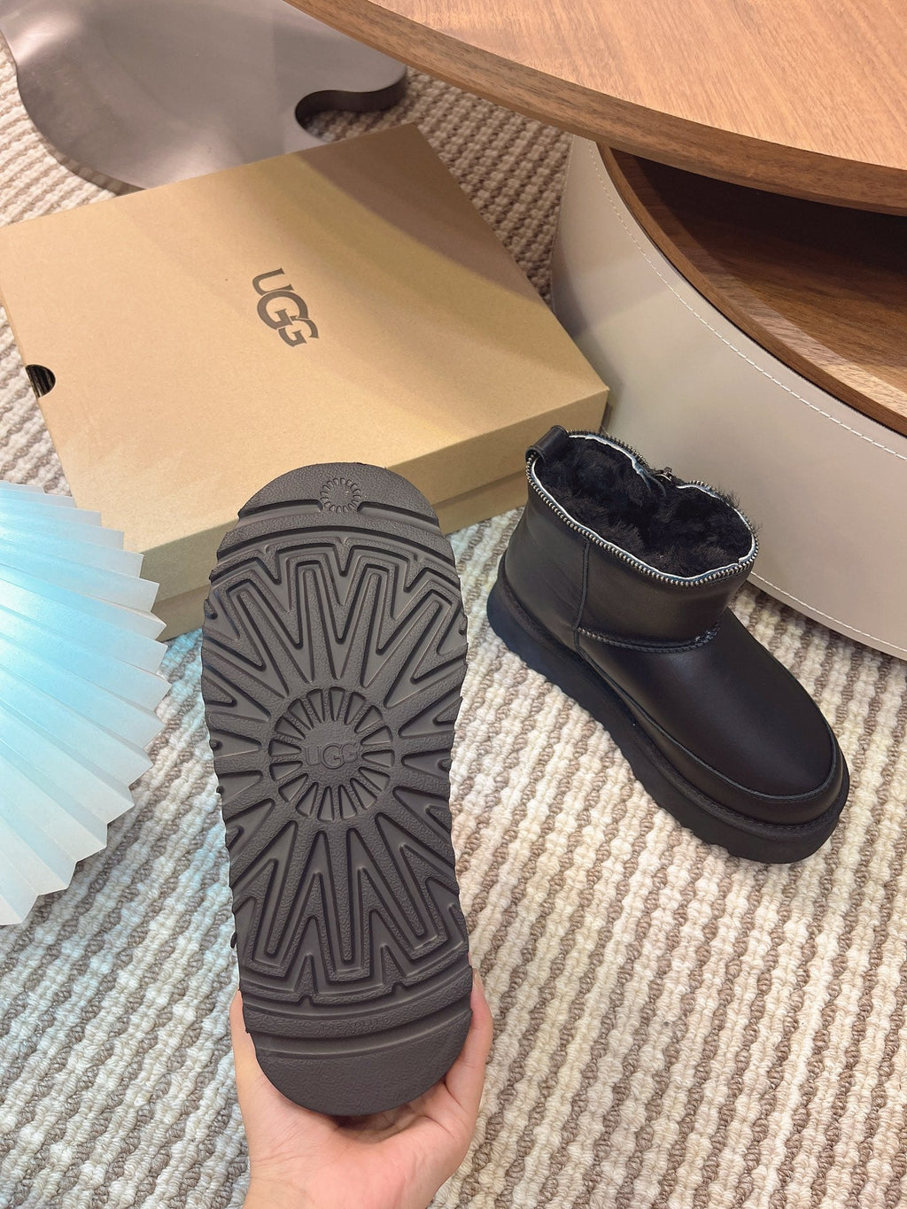 UGG Classic Rebel Biker Mini Boots Black Cowhide Fur