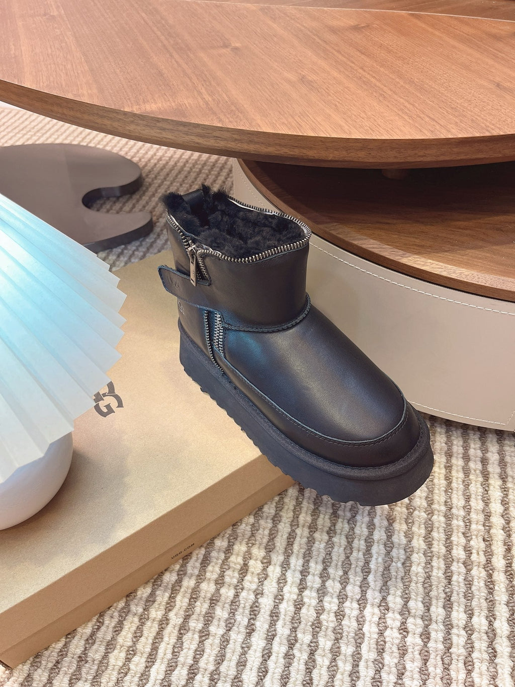 UGG Classic Rebel Biker Mini Boots Black Cowhide Fur