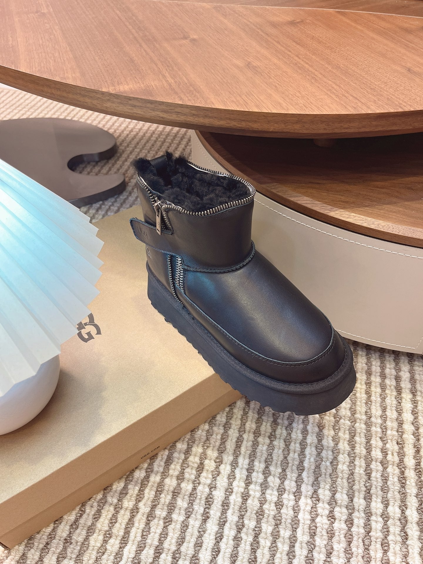 UGG Classic Rebel Biker Mini Boots Black Cowhide Fur