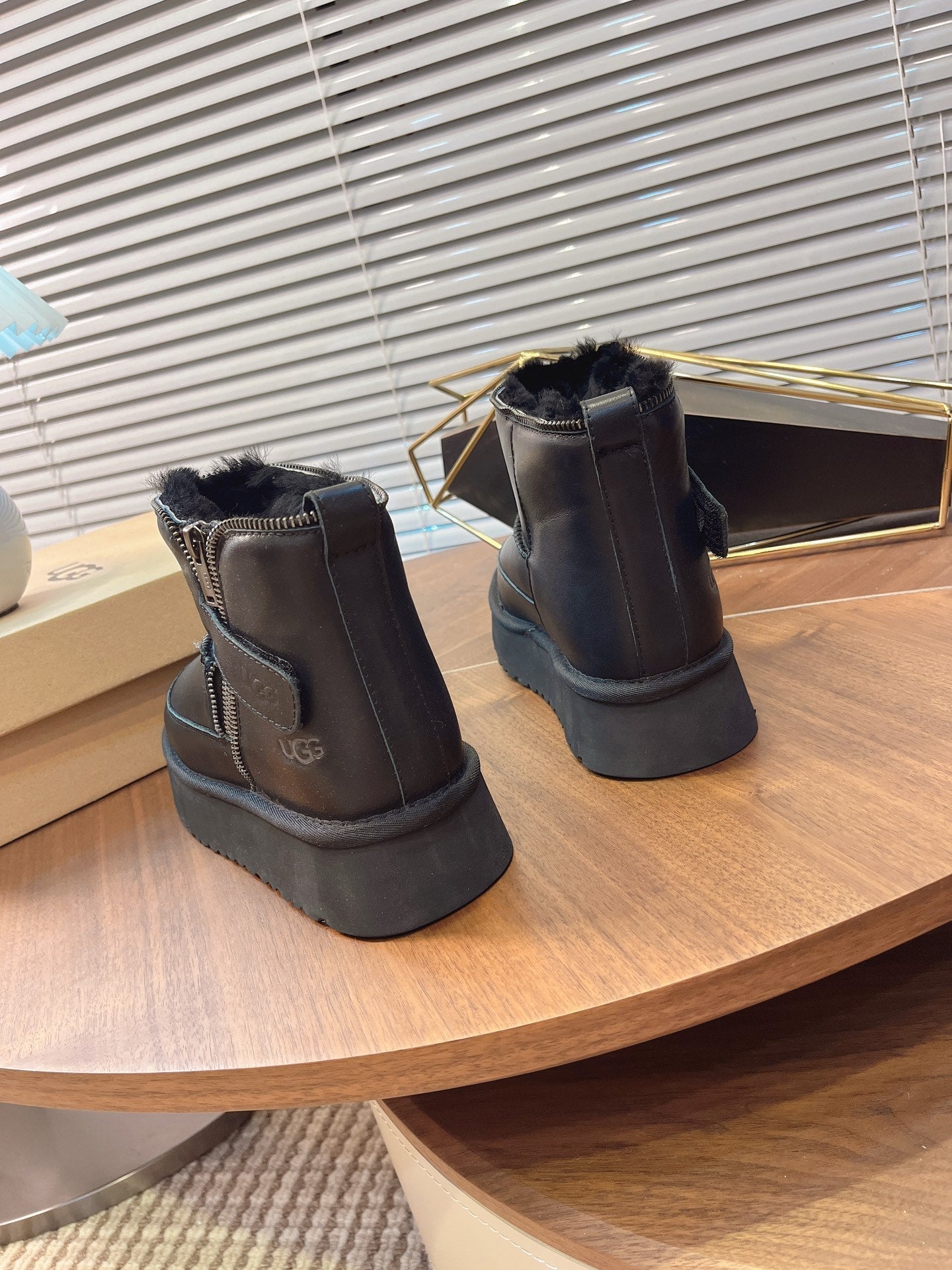 UGG Classic Rebel Biker Mini Boots Black Cowhide Fur