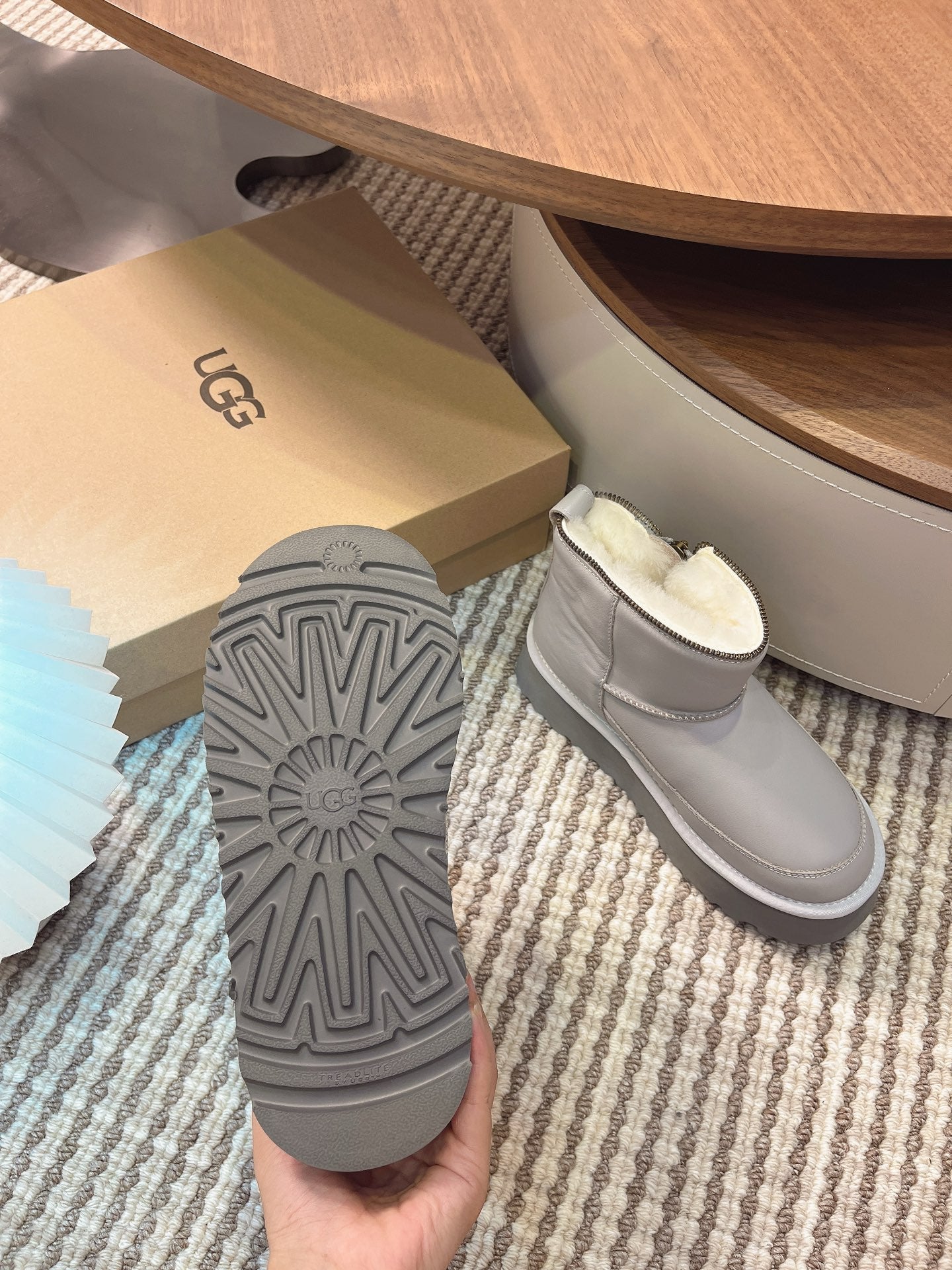 UGG Classic Rebel Biker Mini Boots Sliver Cowhide Fur