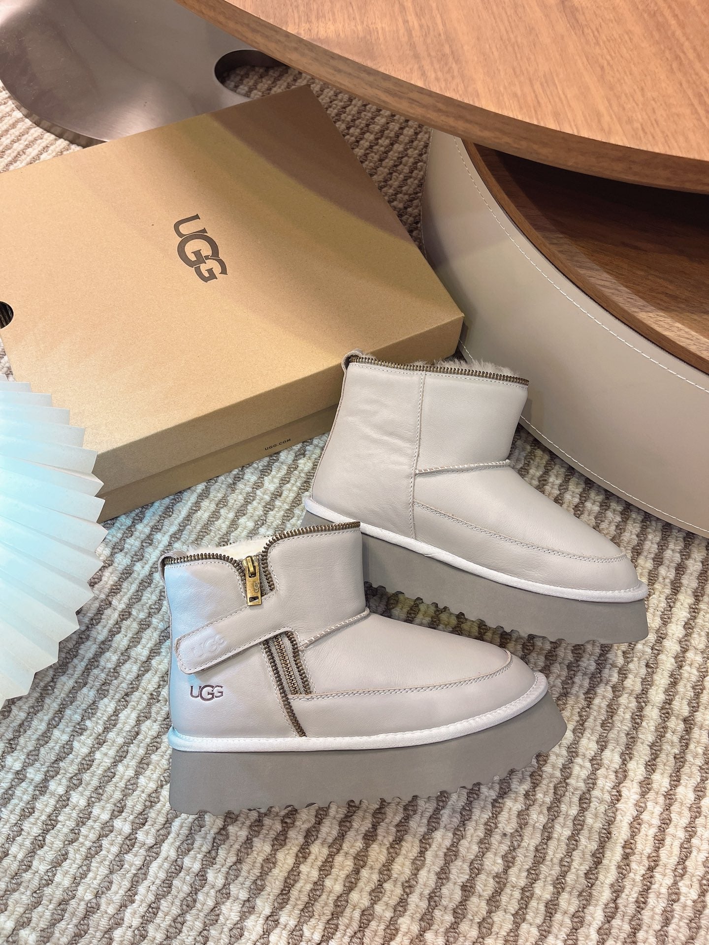 UGG Classic Rebel Biker Mini Boots Sliver Cowhide Fur