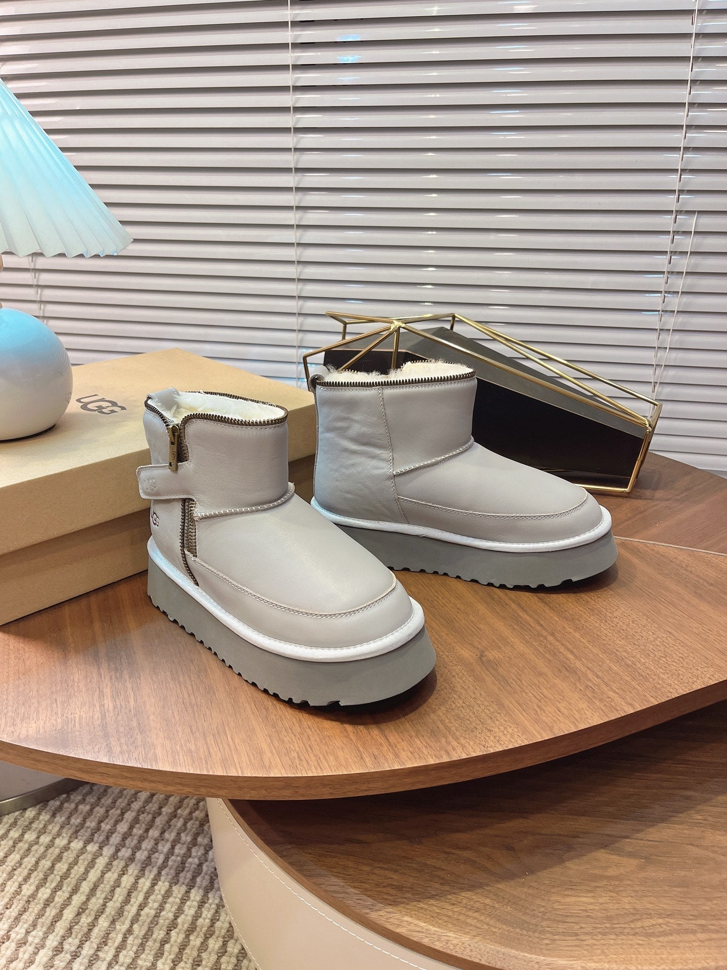 UGG Classic Rebel Biker Mini Boots Sliver Cowhide Fur