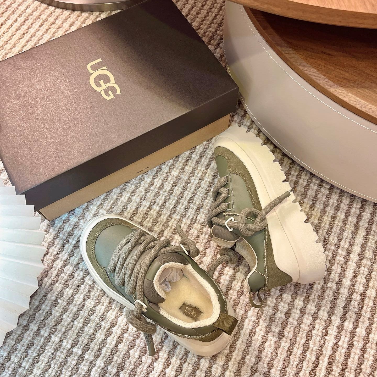 UGG Heritage Utility Sneakers Cream Olive Green Suede Cowhide