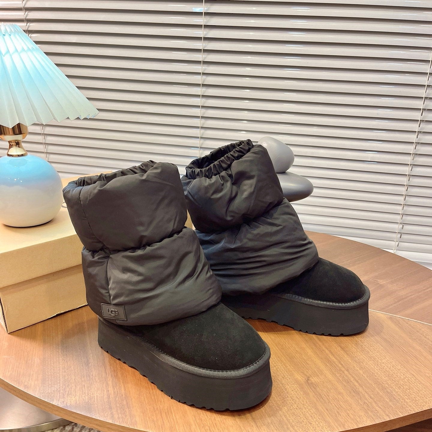 UGG Classic Mini Dipper Puffer Boots Black Suede Technical Fabric