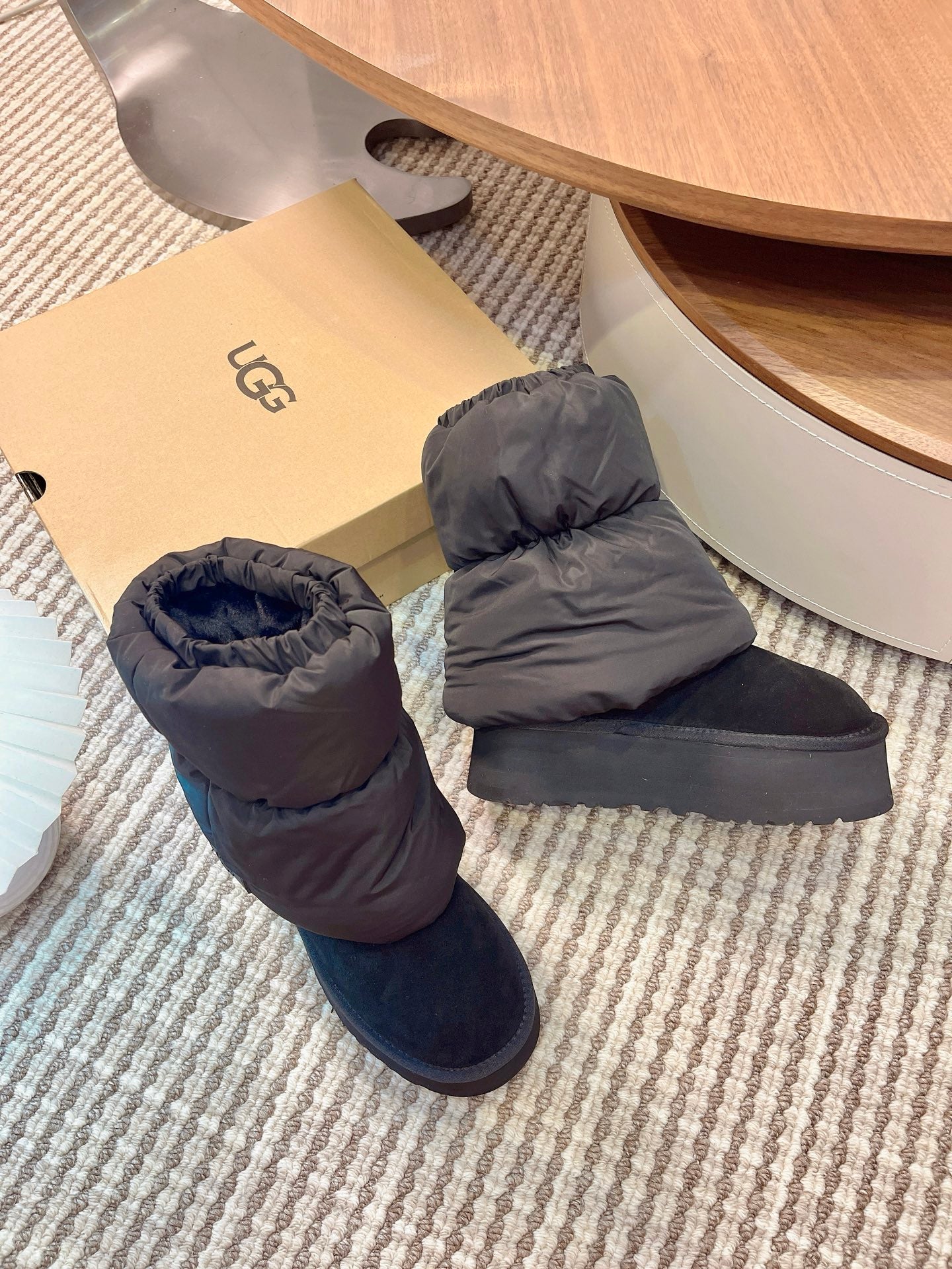 UGG Classic Mini Dipper Puffer Boots Black Suede Technical Fabric