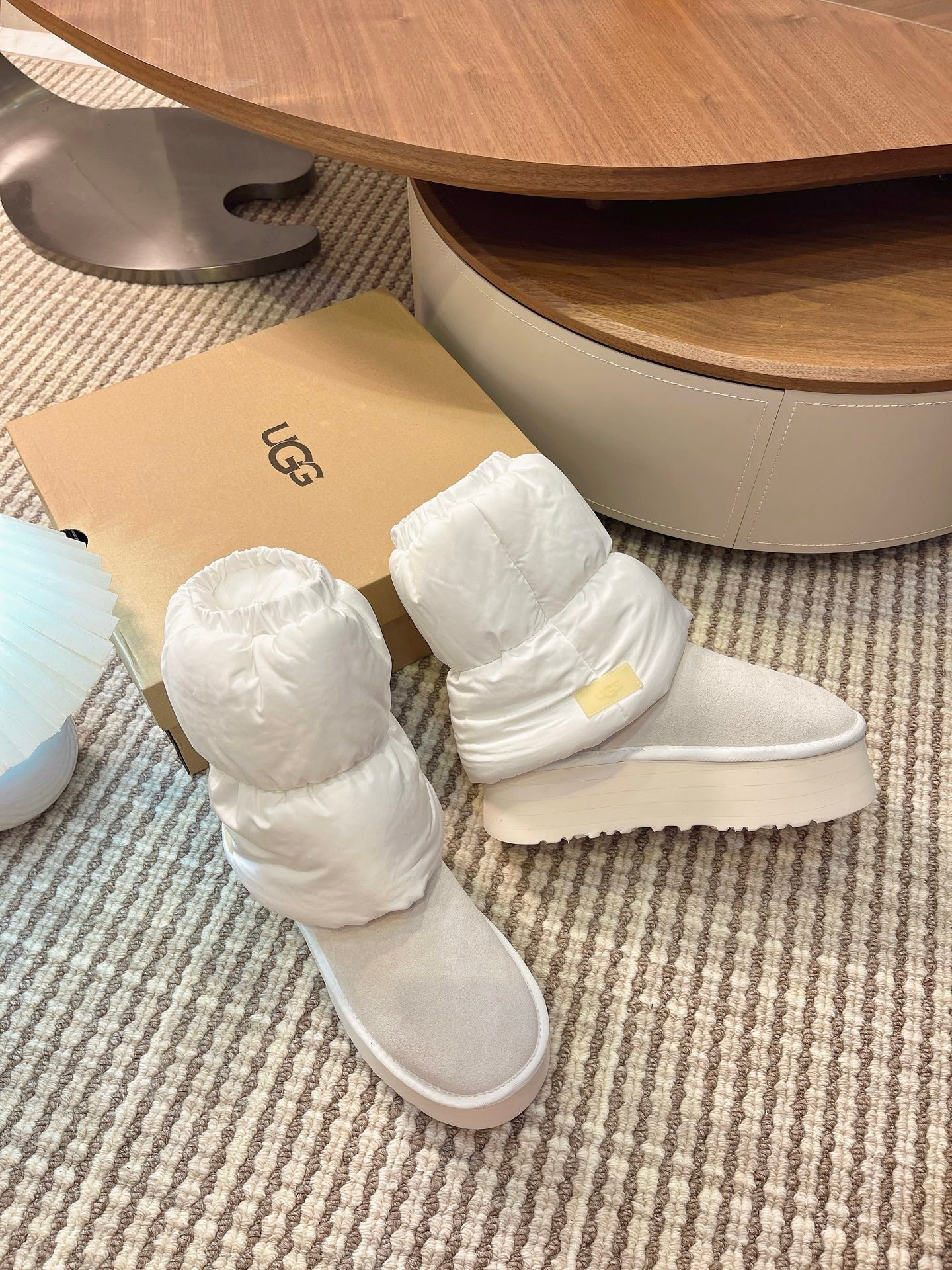 UGG Classic Mini Dipper Puffer Boots Off White Suede Technical Fabric