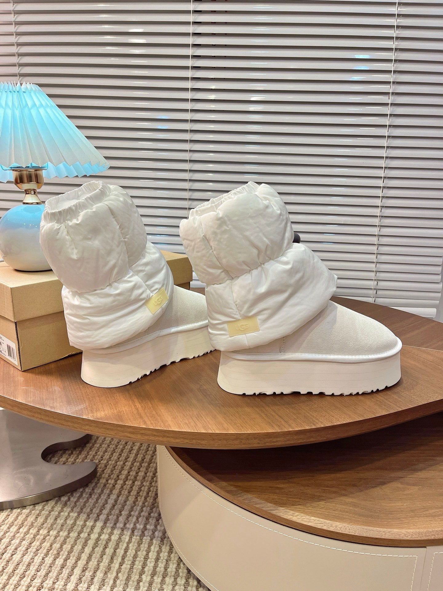 UGG Classic Mini Dipper Puffer Boots Off White Suede Technical Fabric