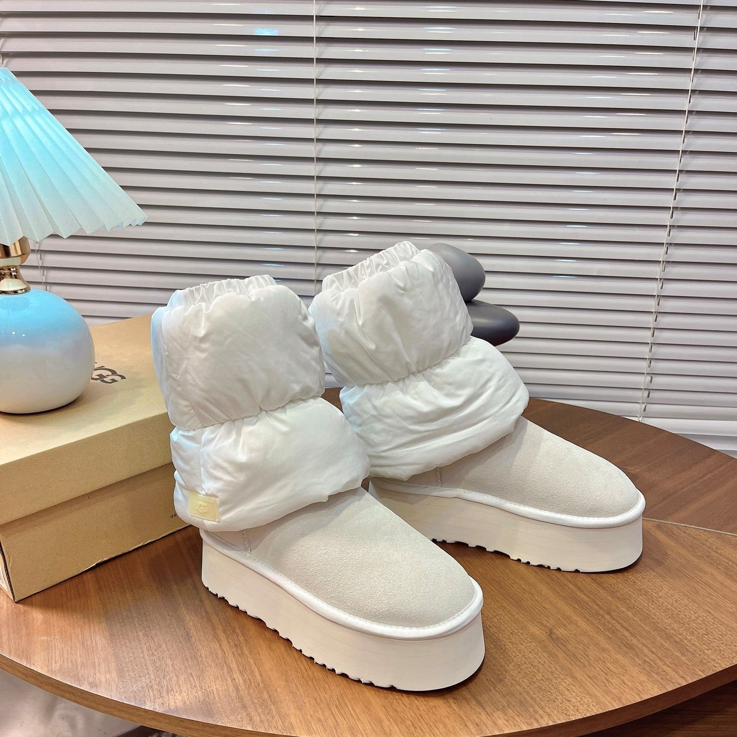 UGG Classic Mini Dipper Puffer Boots Off White Suede Technical Fabric