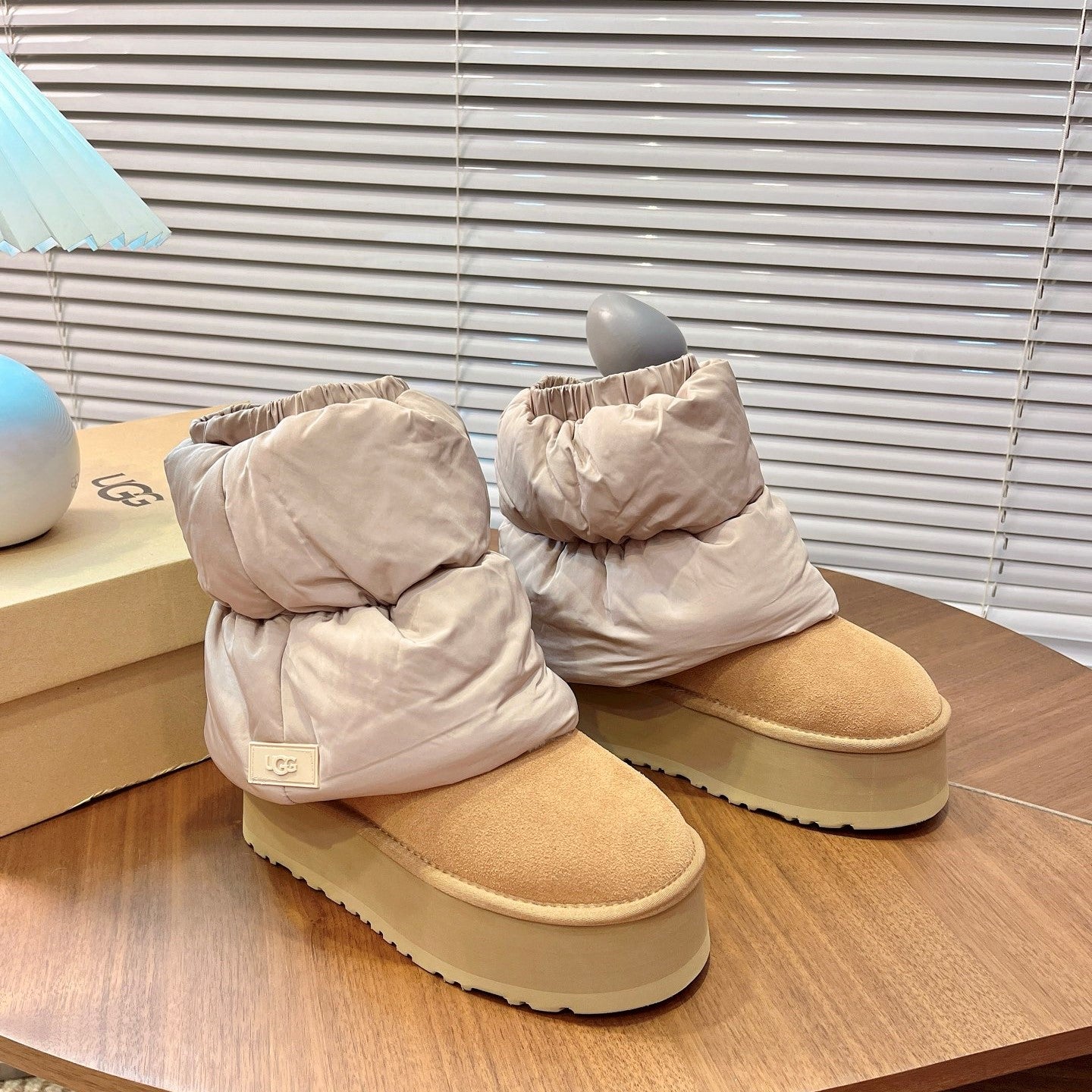 UGG Classic Mini Dipper Puffer Boots Light Brown Suede Technical Fabric