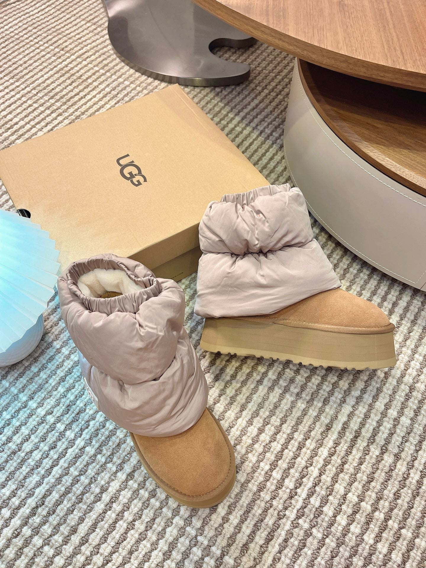 UGG Classic Mini Dipper Puffer Boots Light Brown Suede Technical Fabric