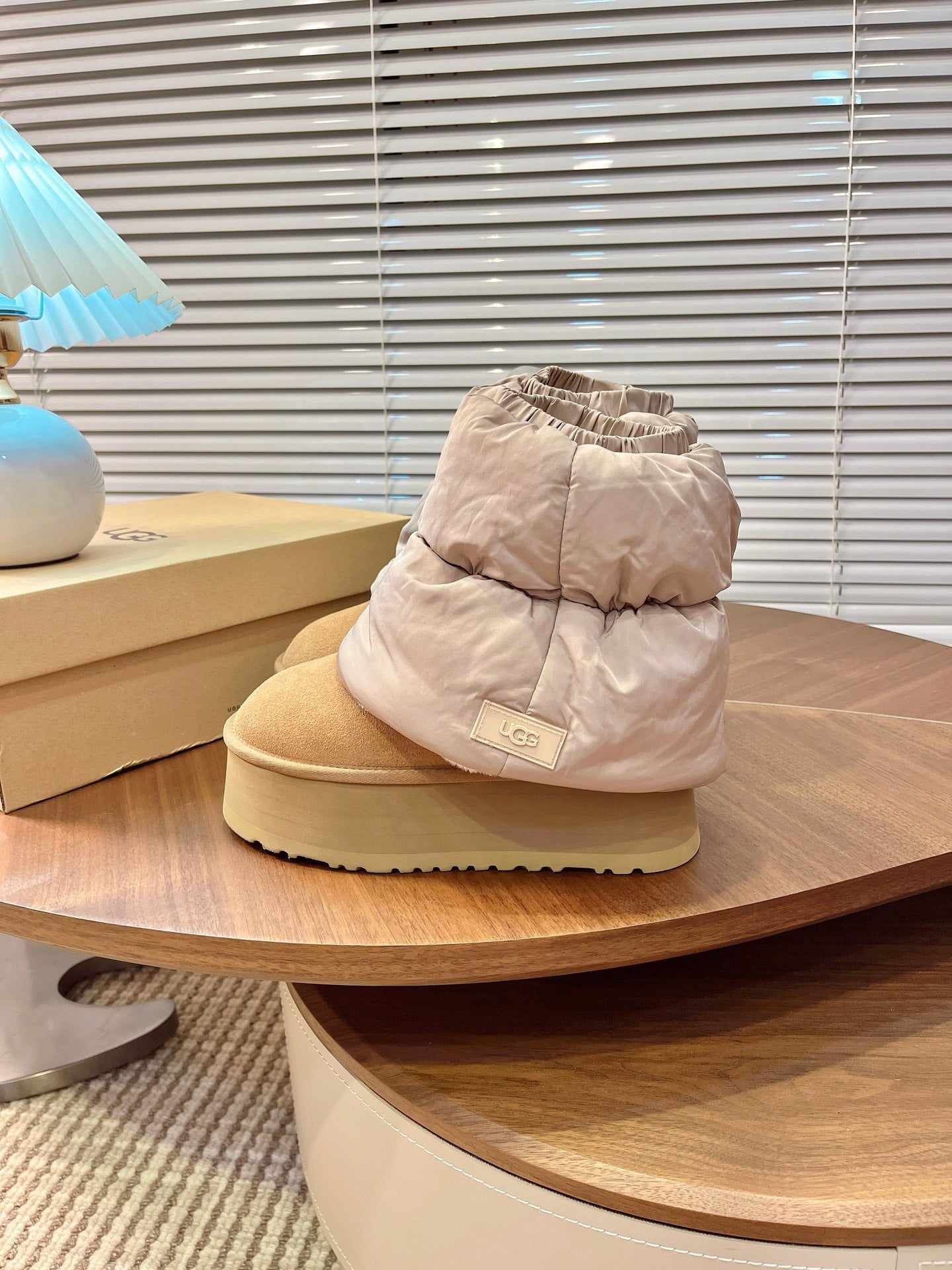 UGG Classic Mini Dipper Puffer Boots Light Brown Suede Technical Fabric