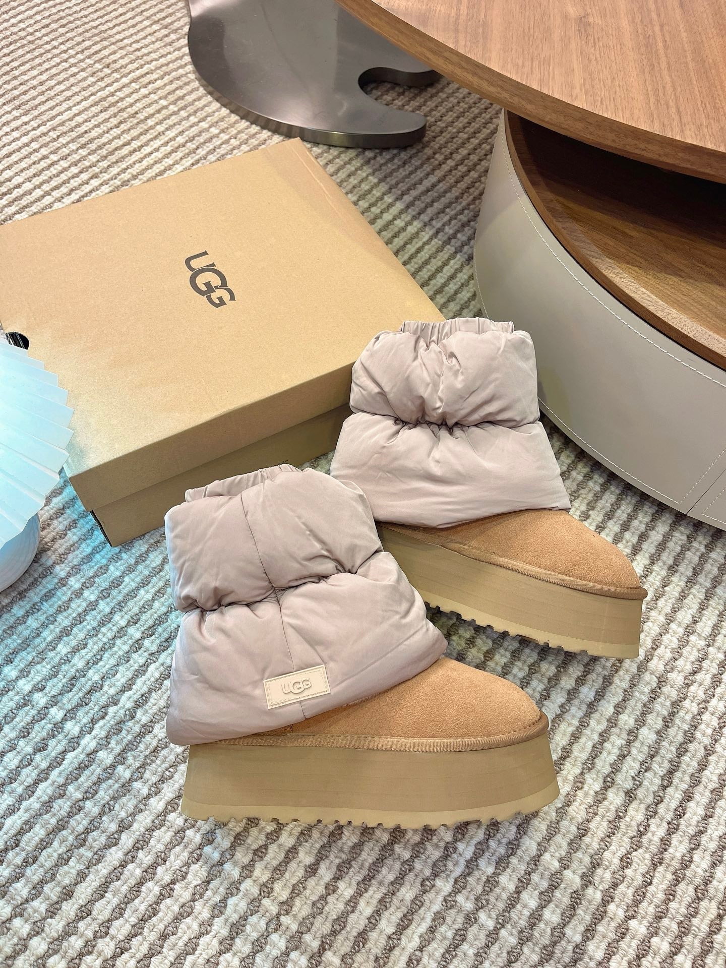 UGG Classic Mini Dipper Puffer Boots Light Brown Suede Technical Fabric