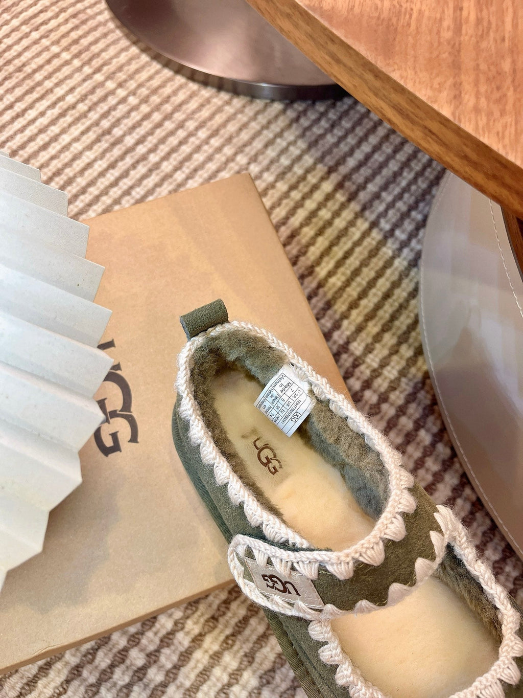 UGG Tazz Mary Jane Shoes Light Olive Green Suede Shearing