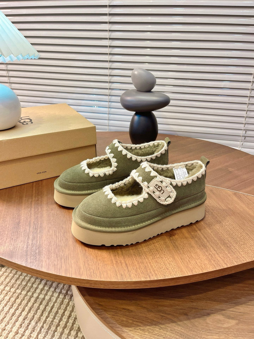 UGG Tazz Mary Jane Shoes Light Olive Green Suede Shearing