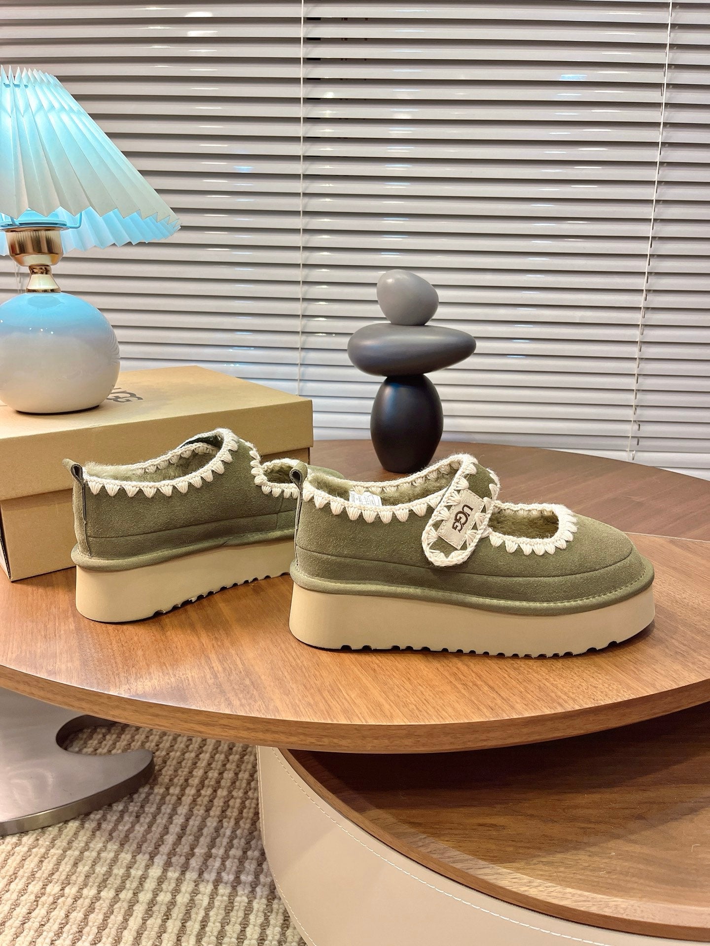 UGG Tazz Mary Jane Shoes Light Olive Green Suede Shearing