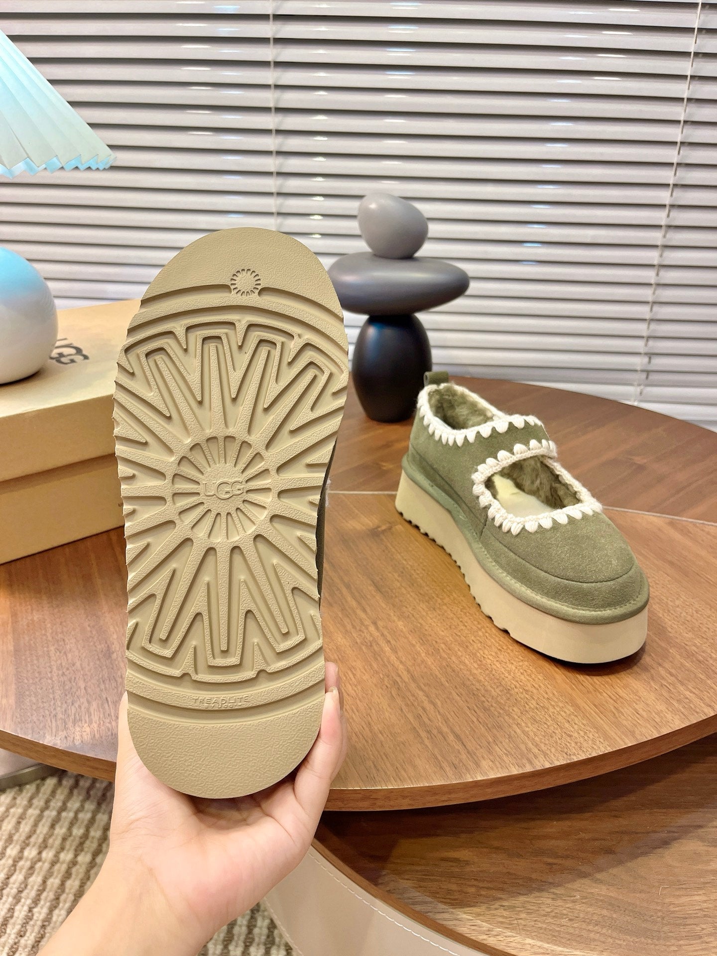 UGG Tazz Mary Jane Shoes Light Olive Green Suede Shearing