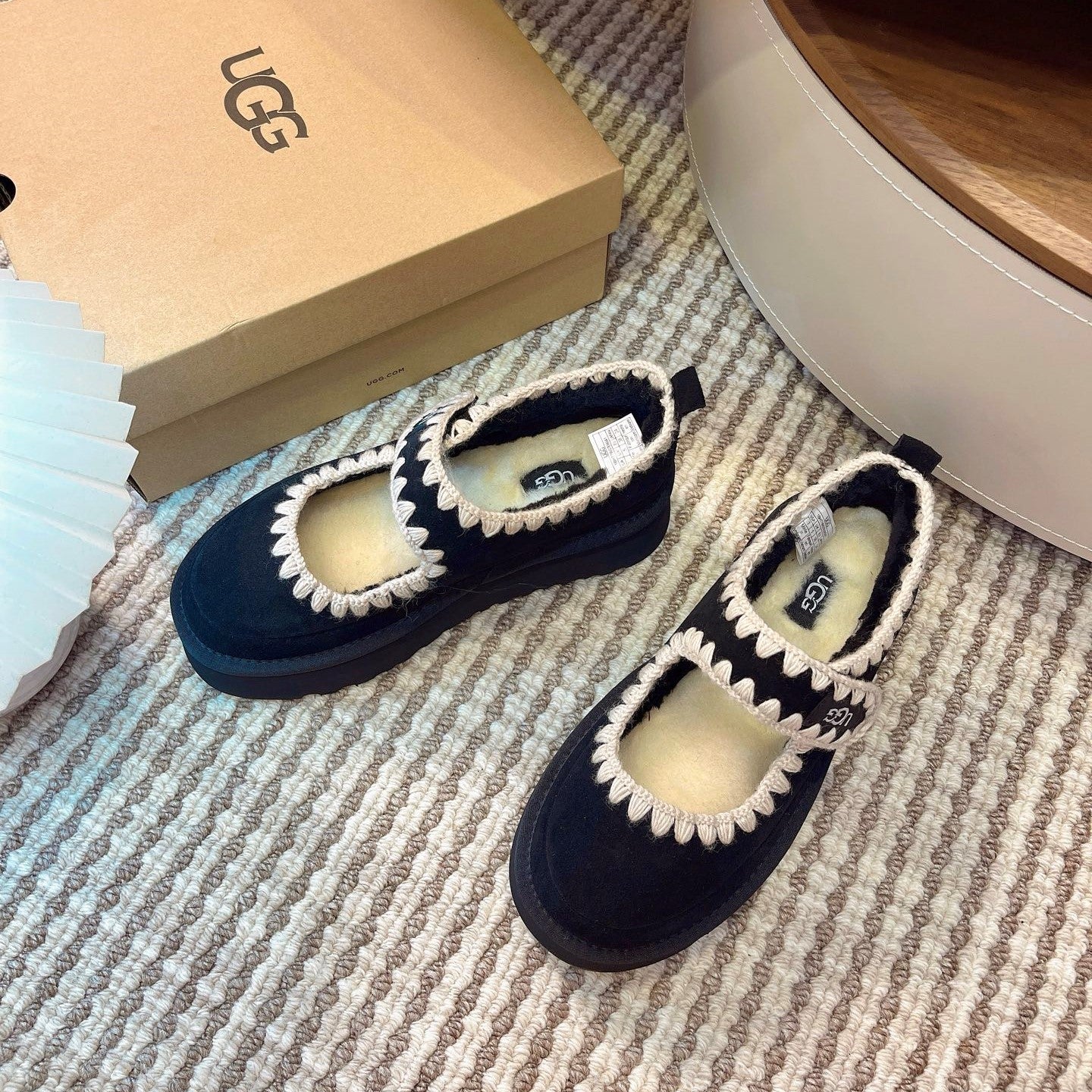UGG Tazz Mary Jane Shoes Black Suede Shearing