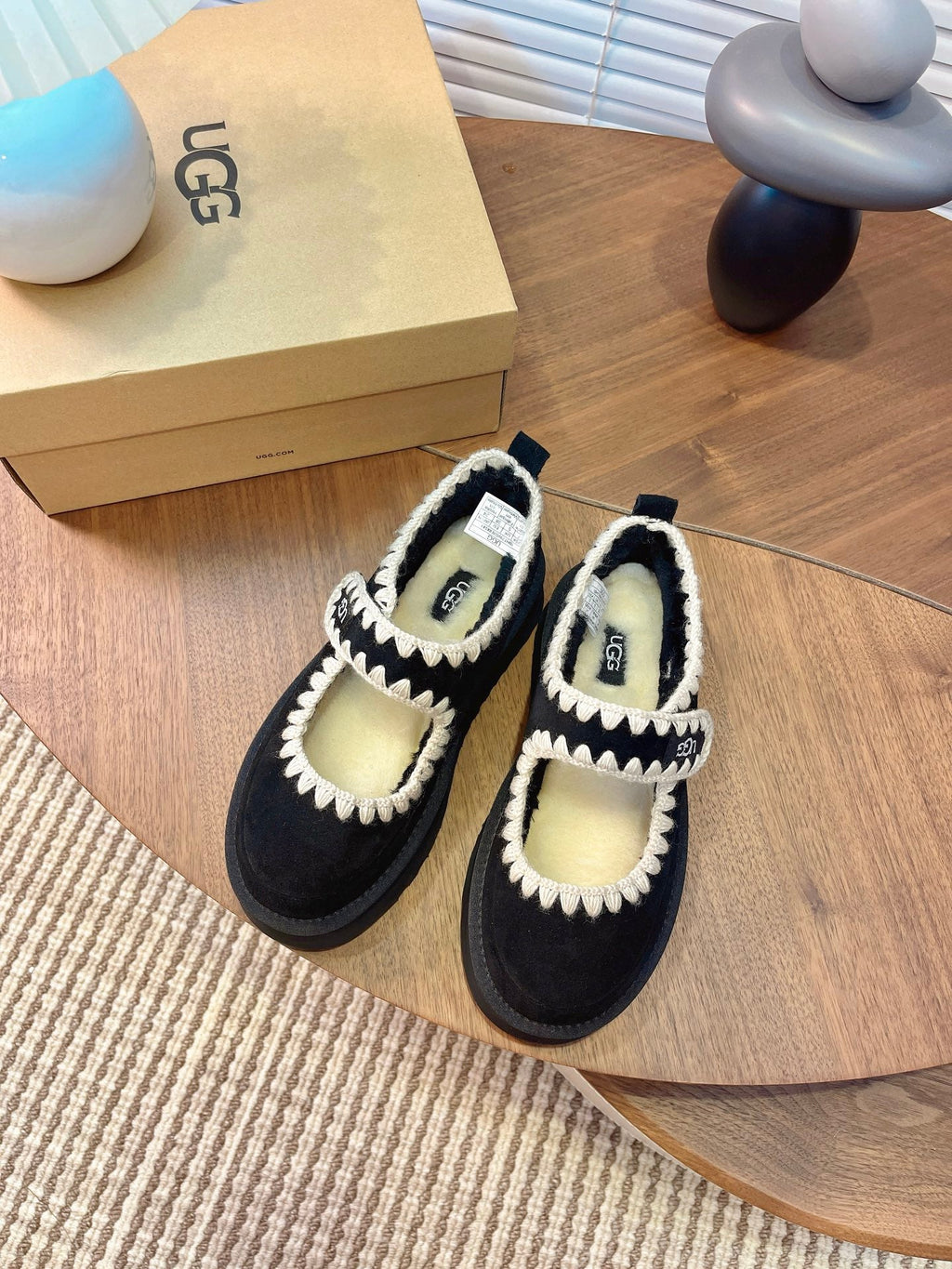 UGG Tazz Mary Jane Shoes Black Suede Shearing