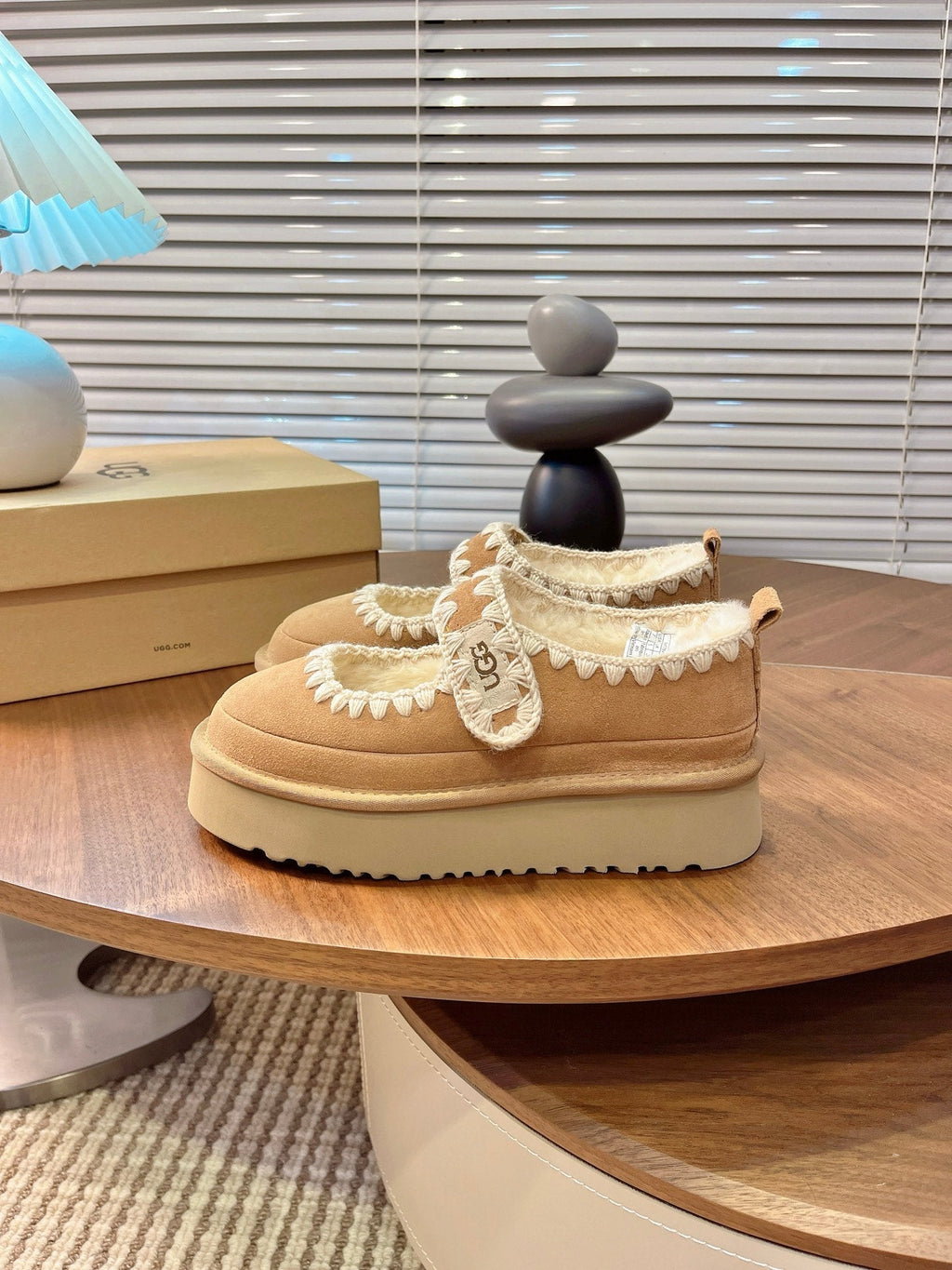 UGG Tazz Mary Jane Shoes Light Brown Suede Shearing