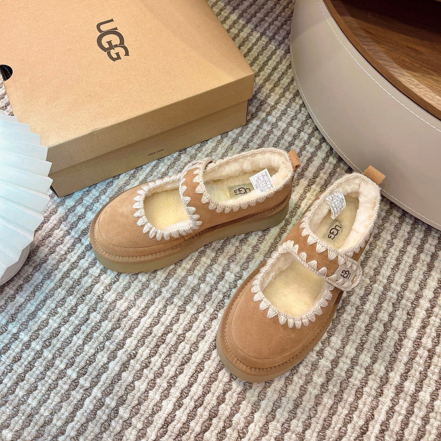 UGG Tazz Mary Jane Shoes Light Brown Suede Shearing