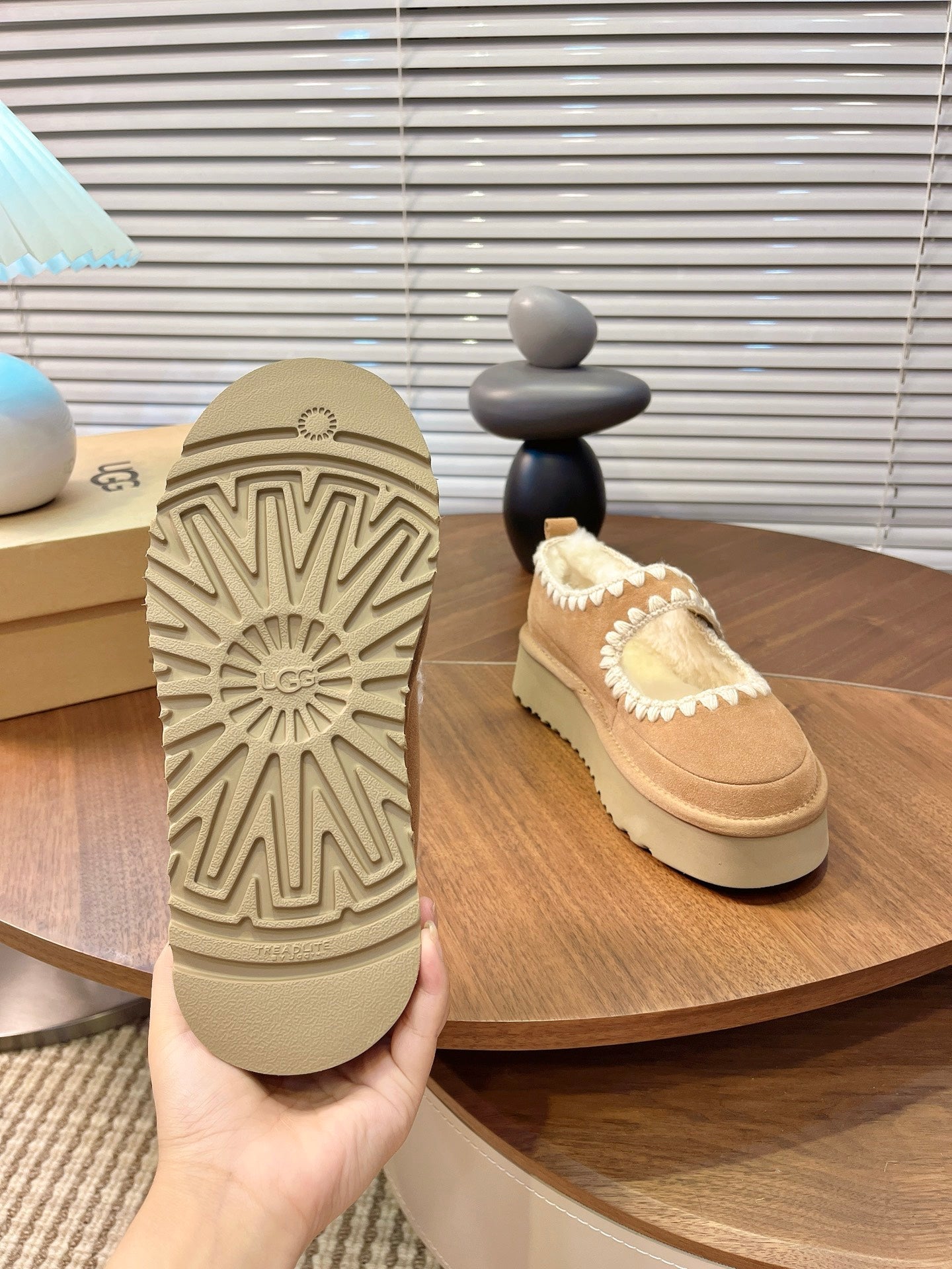 UGG Tazz Mary Jane Shoes Light Brown Suede Shearing