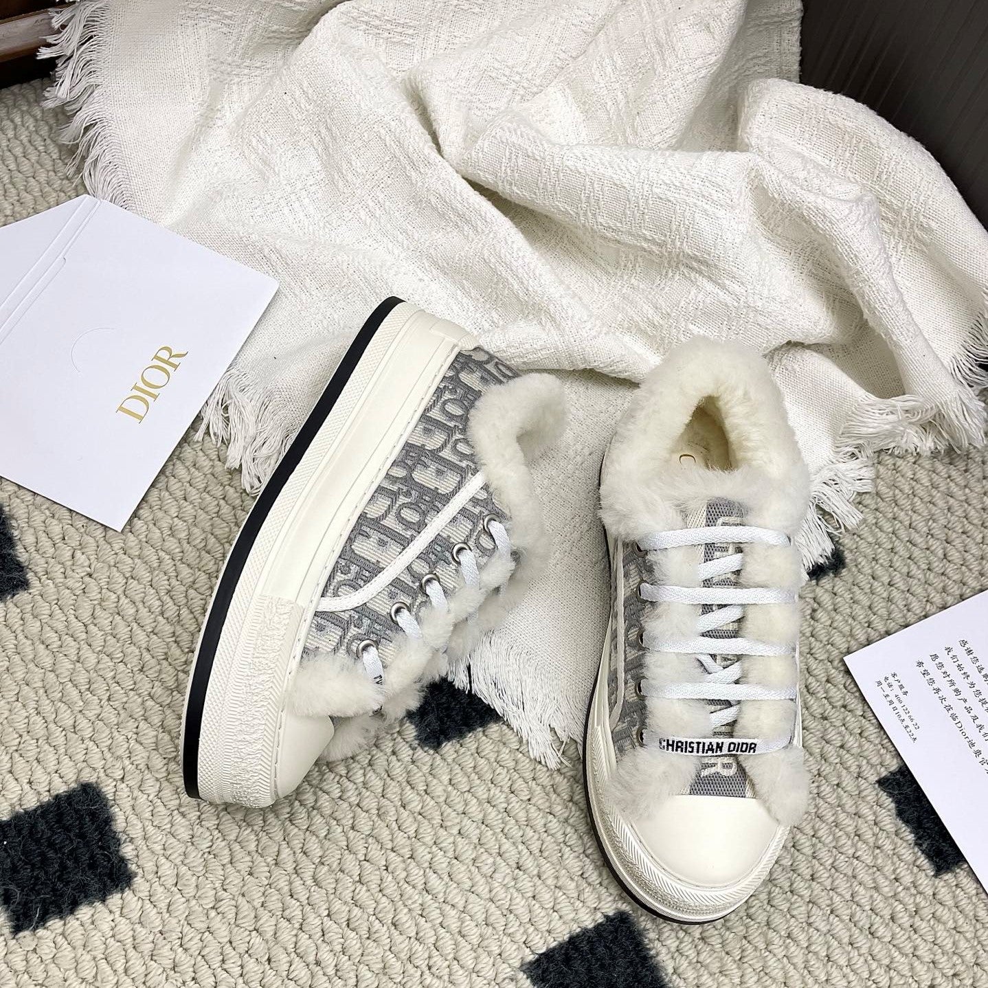 CD Walk'n Dior Platform Sneaker Grey Beige Oblique Motif Fabric Wool