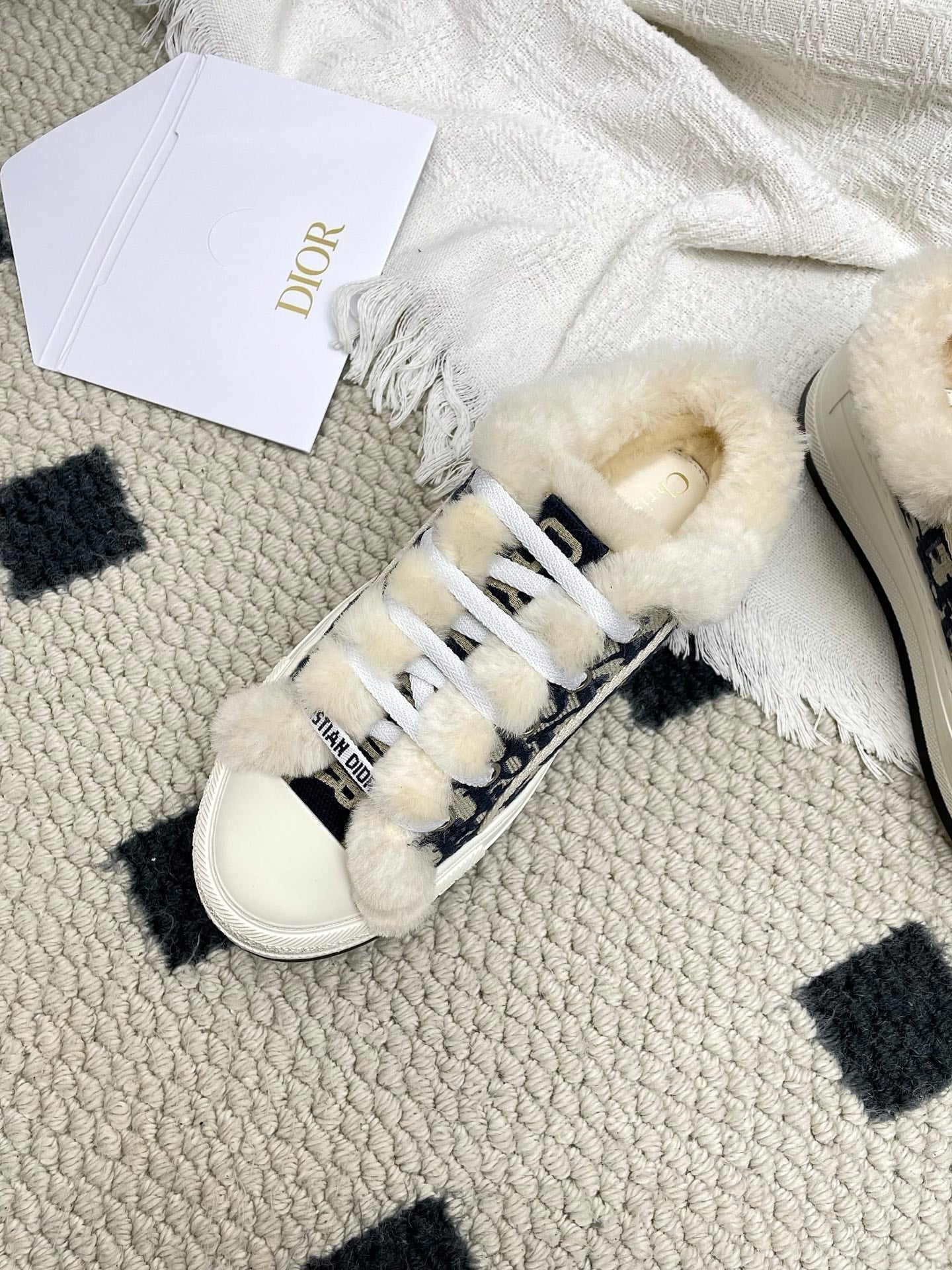 CD Walk'n Dior Platform Sneaker Black Beige Oblique Motif Fabric Wool