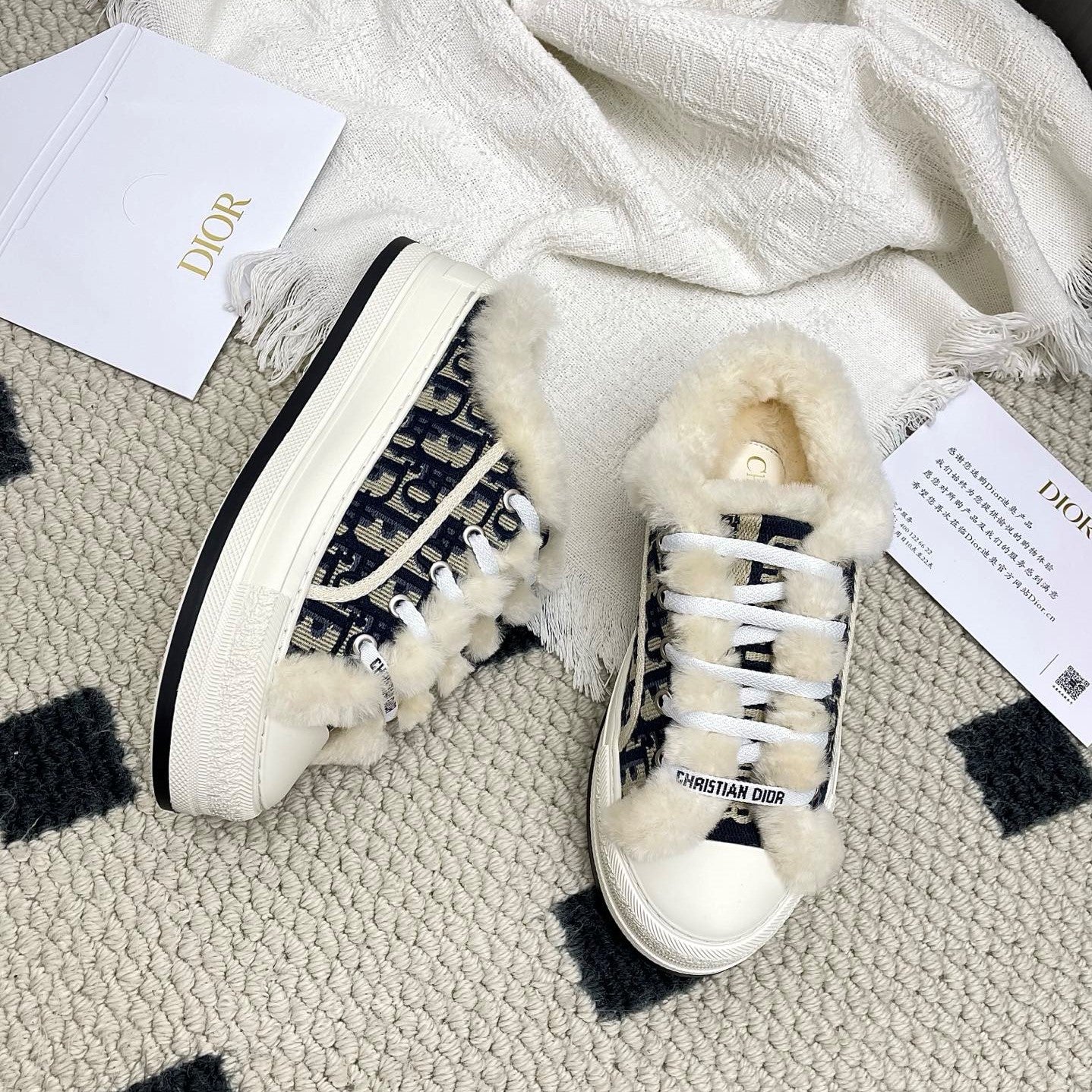 CD Walk'n Dior Platform Sneaker Black Beige Oblique Motif Fabric Wool