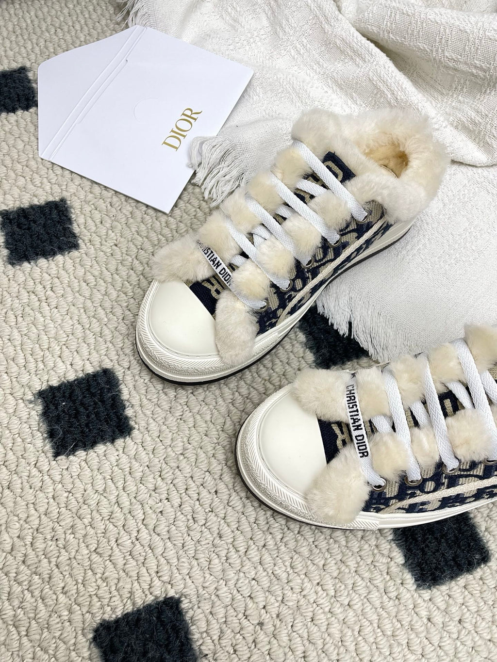 CD Walk'n Dior Platform Sneaker Black Beige Oblique Motif Fabric Wool