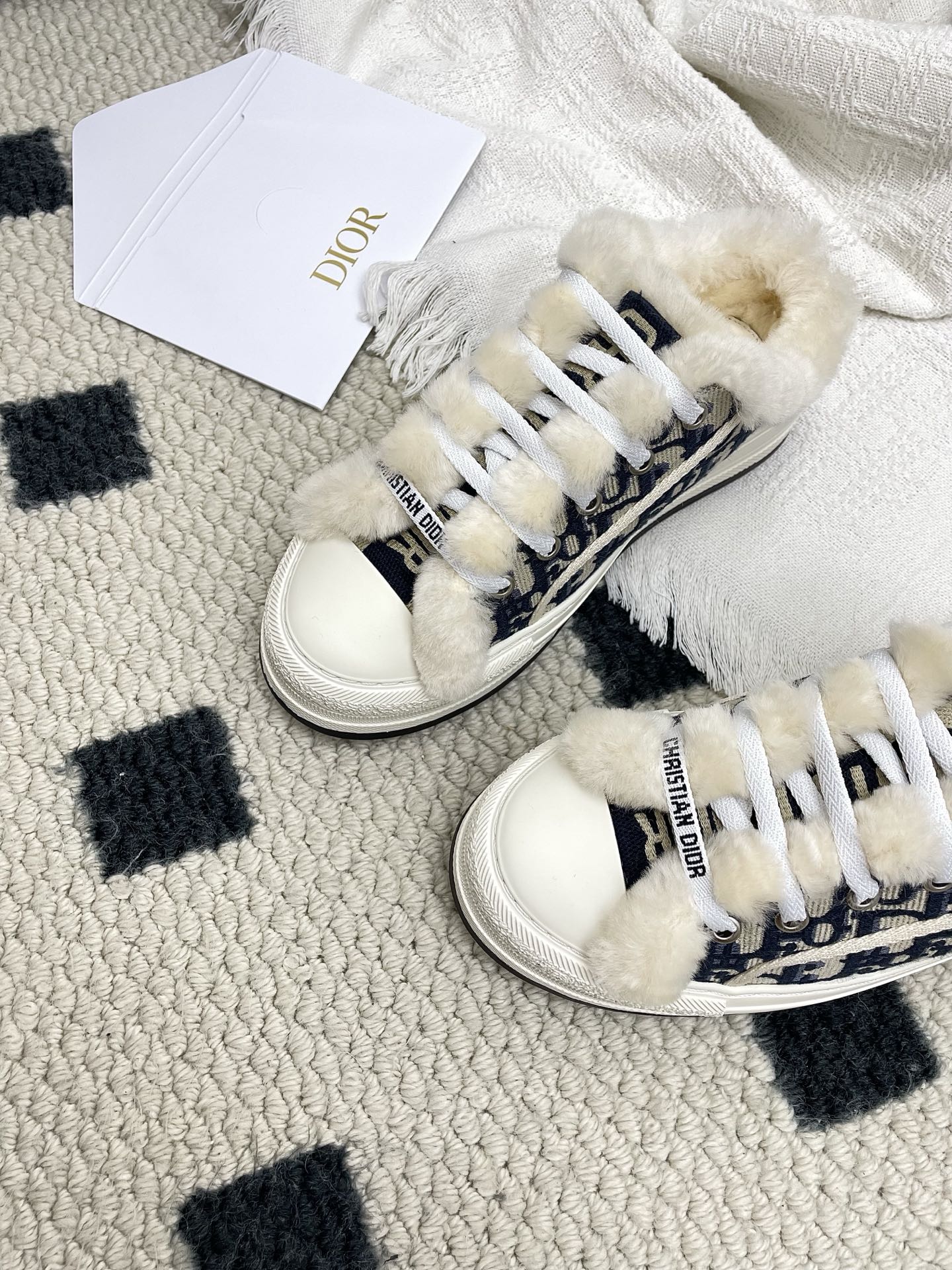 CD Walk'n Dior Platform Sneaker Black Beige Oblique Motif Fabric Wool