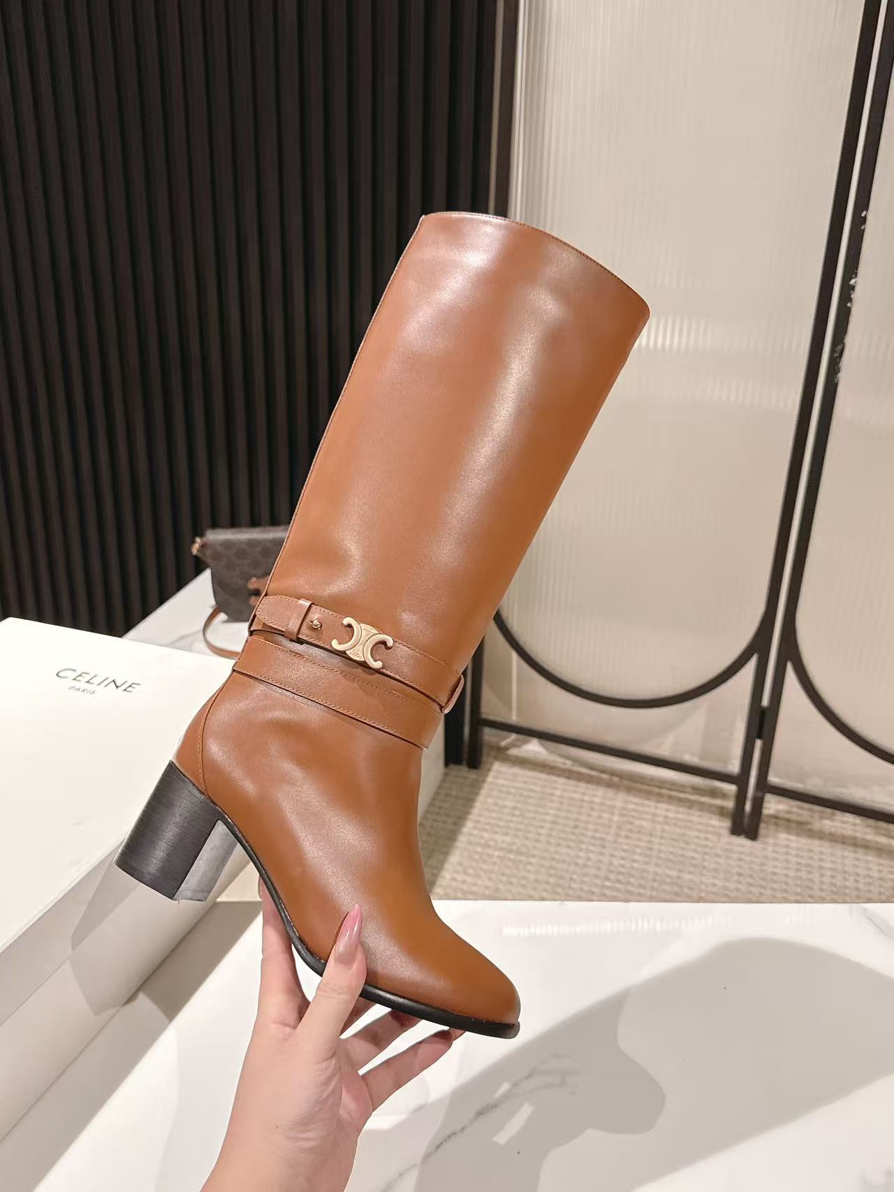 Celine Garance Triomphe High Boot 60mm Brown Calfskin