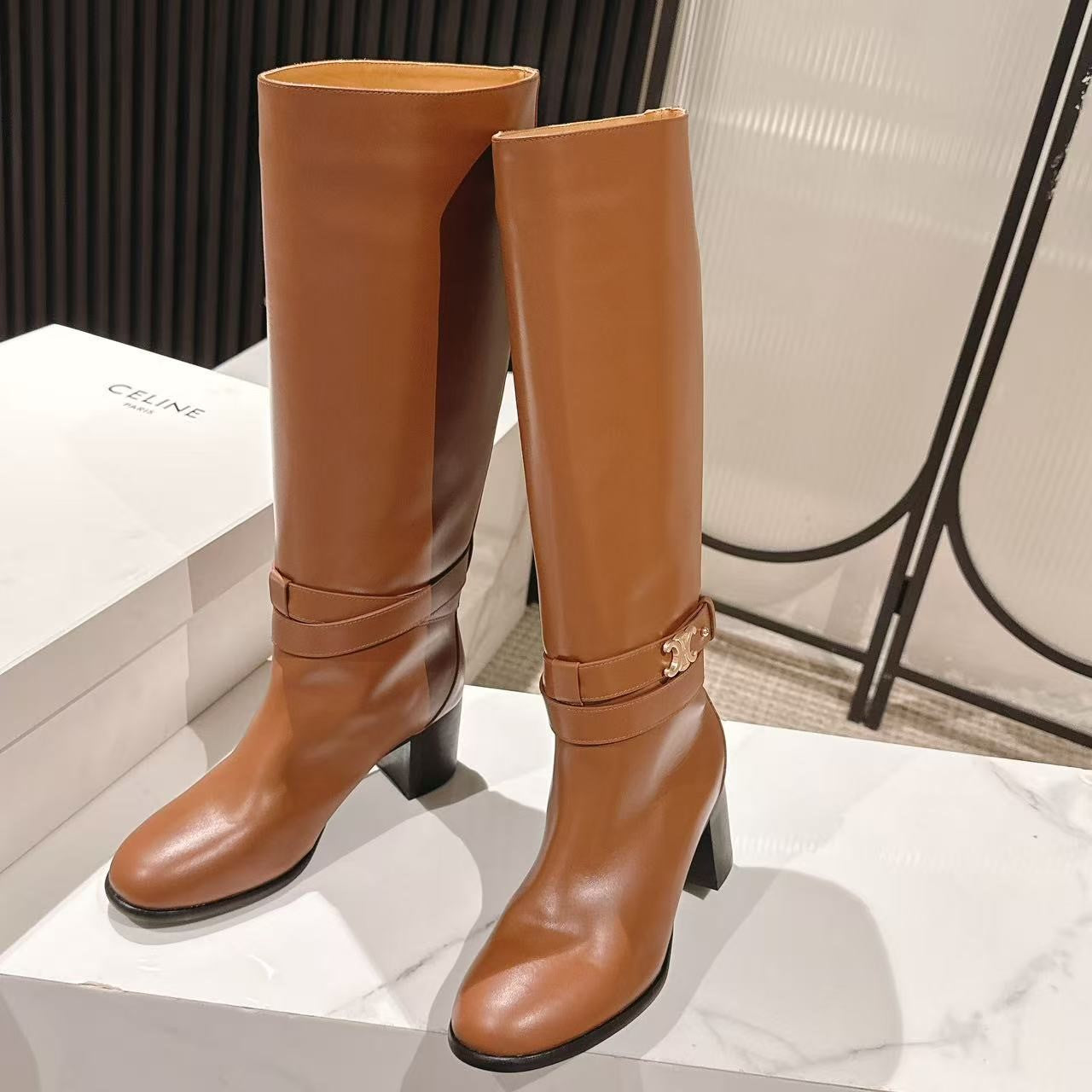 Celine Garance Triomphe High Boot 60mm Brown Calfskin