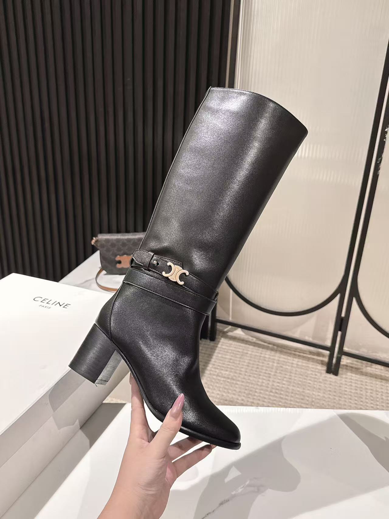 Celine Garance Triomphe High Boot 60mm Black Calfskin