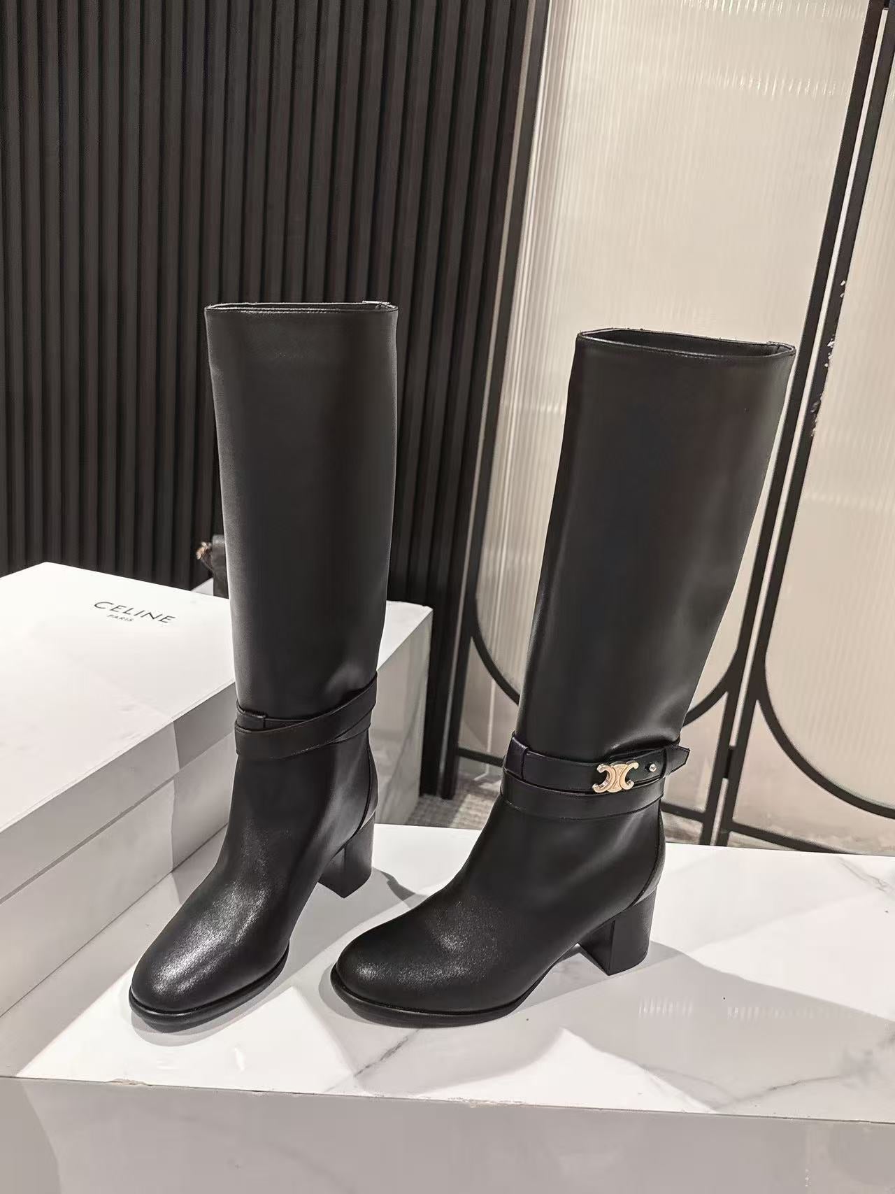 Celine Garance Triomphe High Boot 60mm Black Calfskin