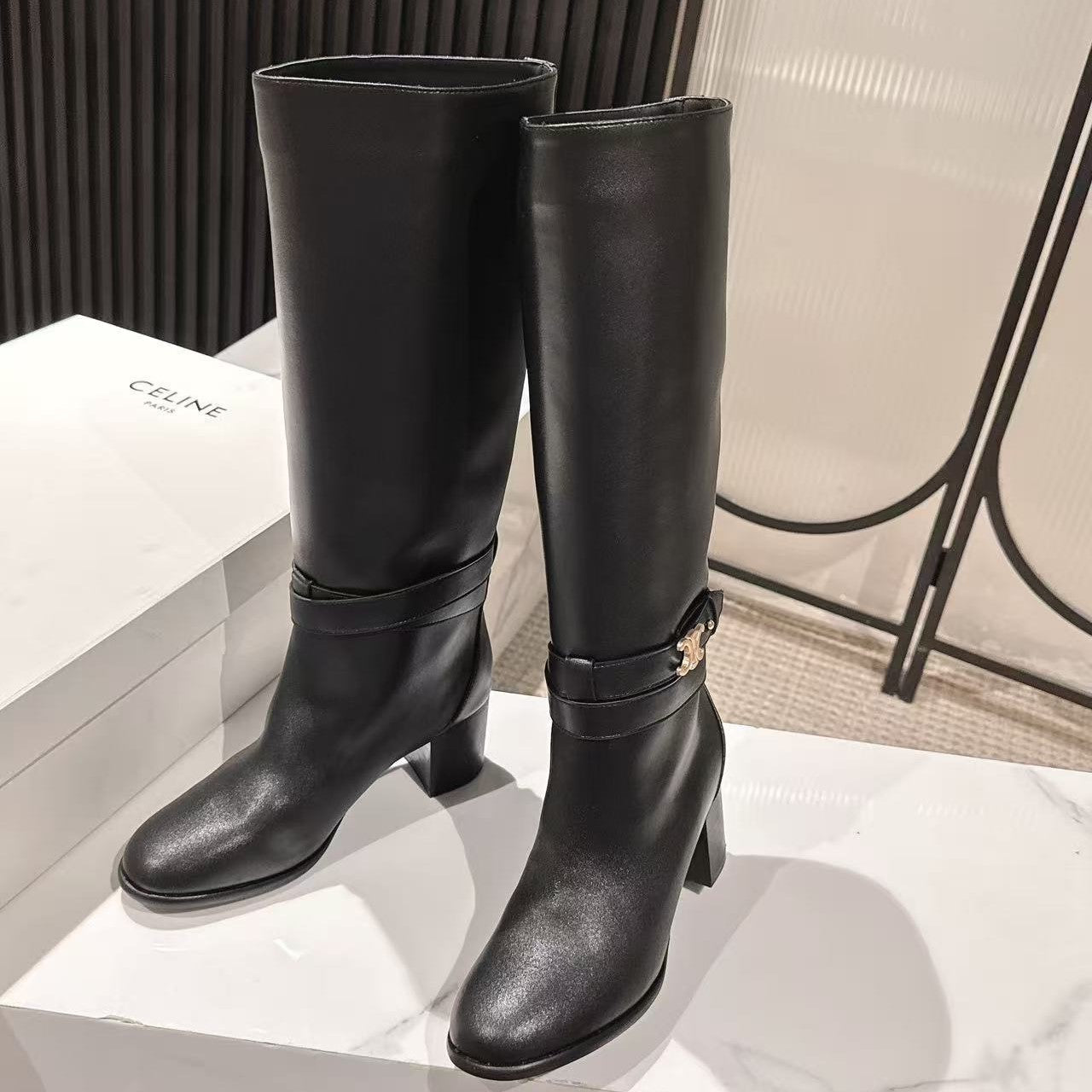 Celine Garance Triomphe High Boot 60mm Black Calfskin