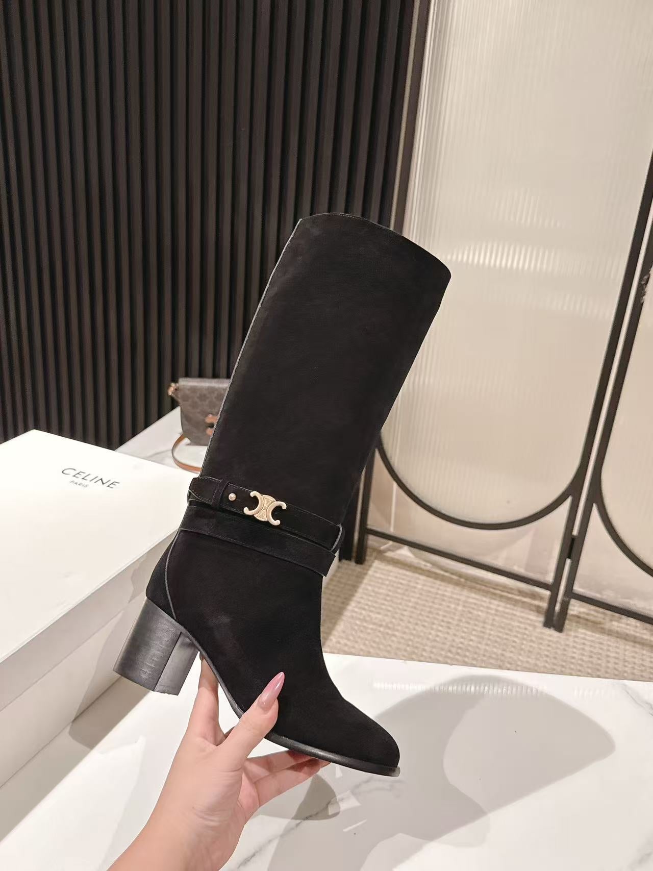 Celine Garance Triomphe High Boot 60mm Black Suede