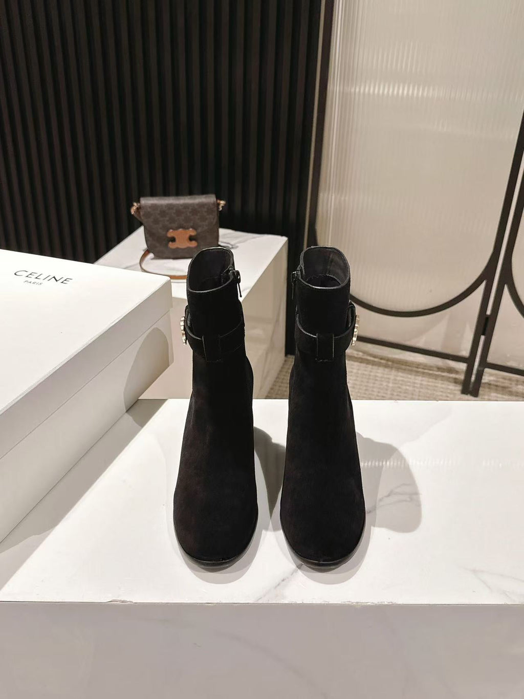 Celine Garance Triomphe Strap Boot 60mm Black Suede