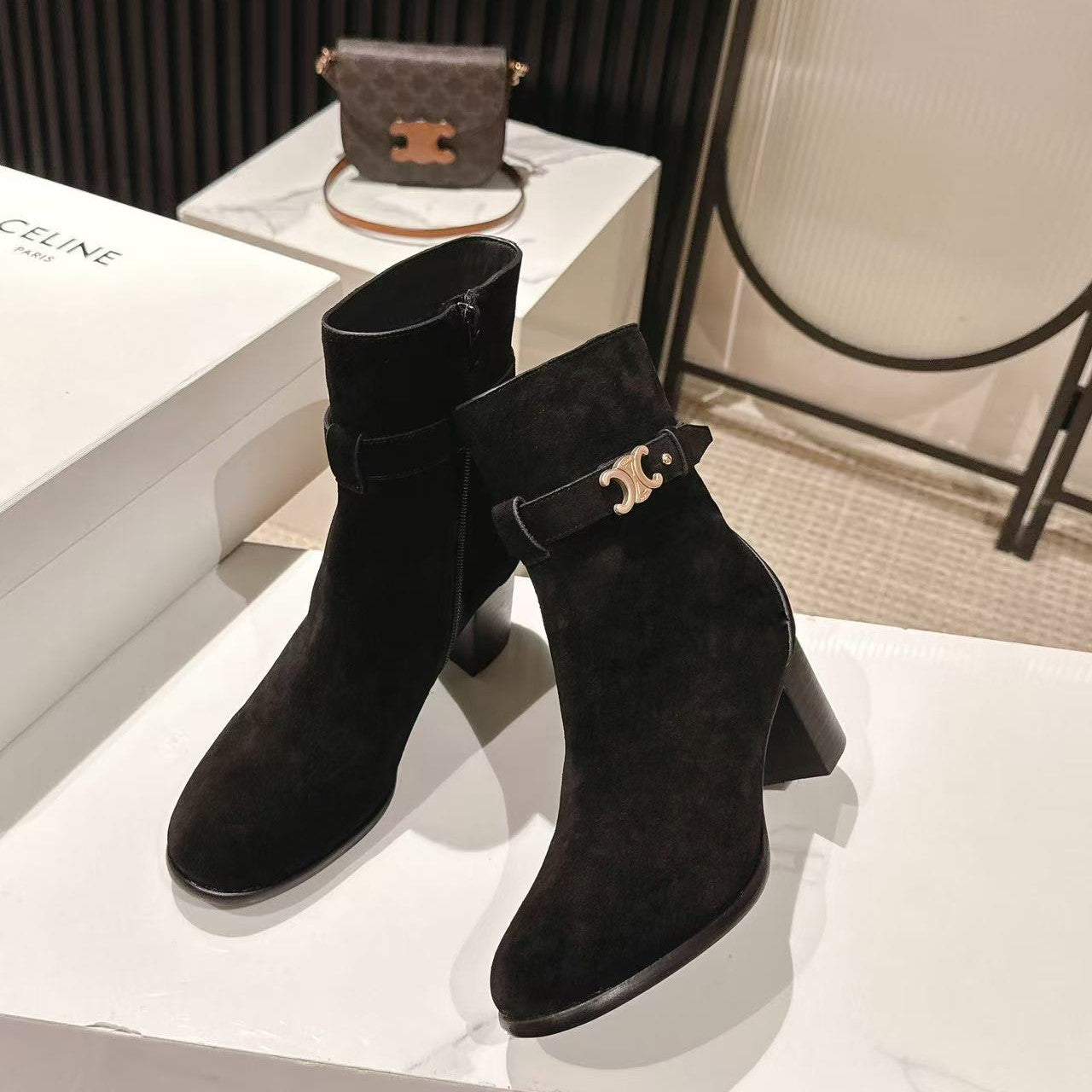Celine Garance Triomphe Strap Boot 60mm Black Suede