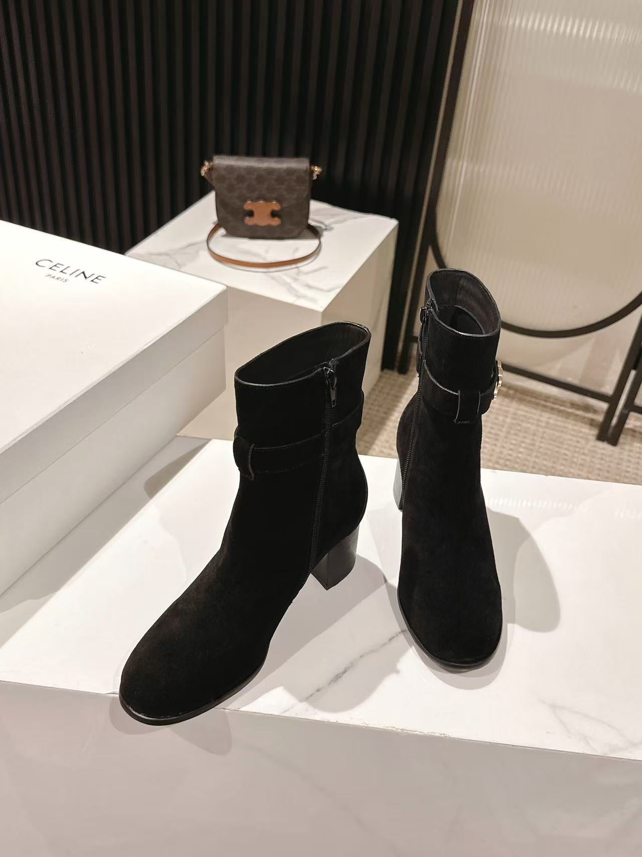 Celine Garance Triomphe Strap Boot 60mm Black Suede