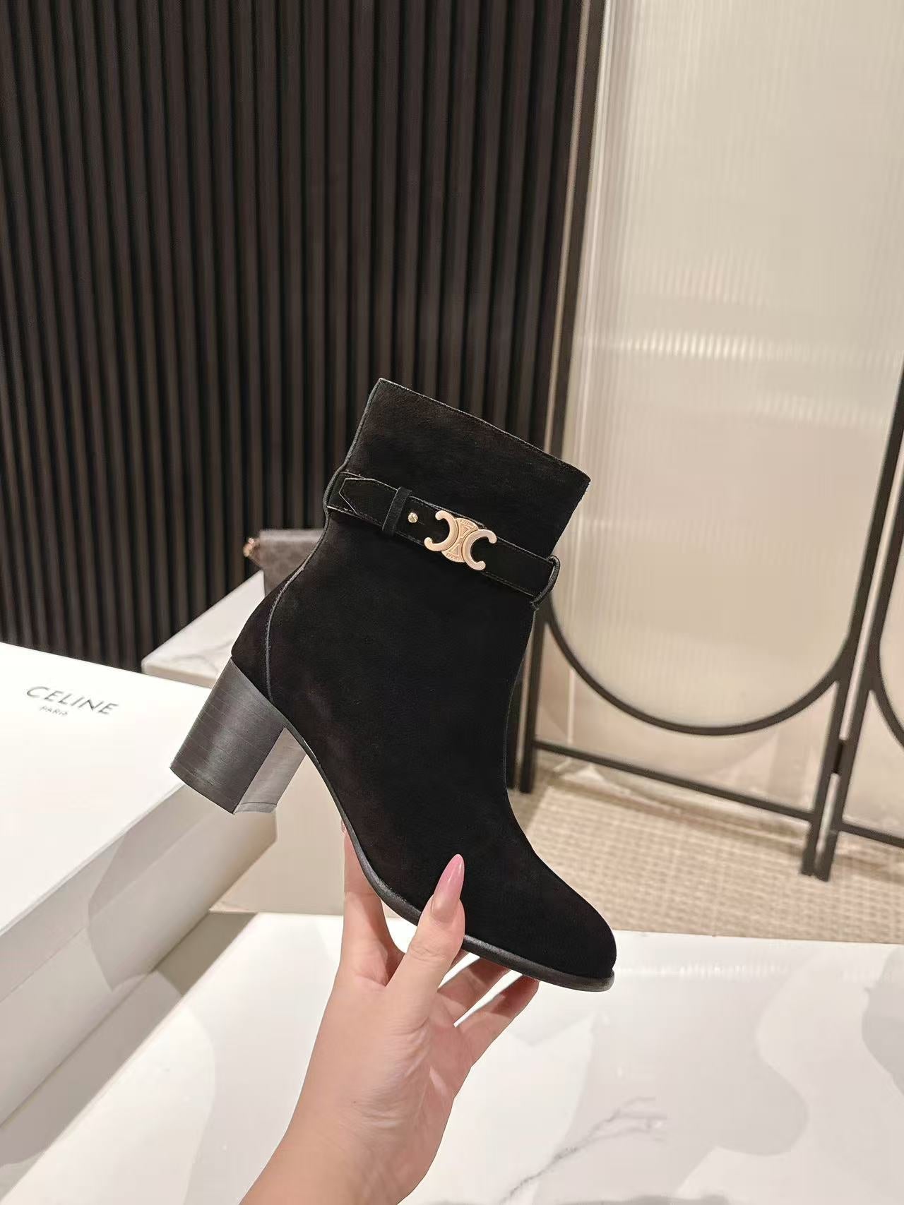 Celine Garance Triomphe Strap Boot 60mm Black Suede