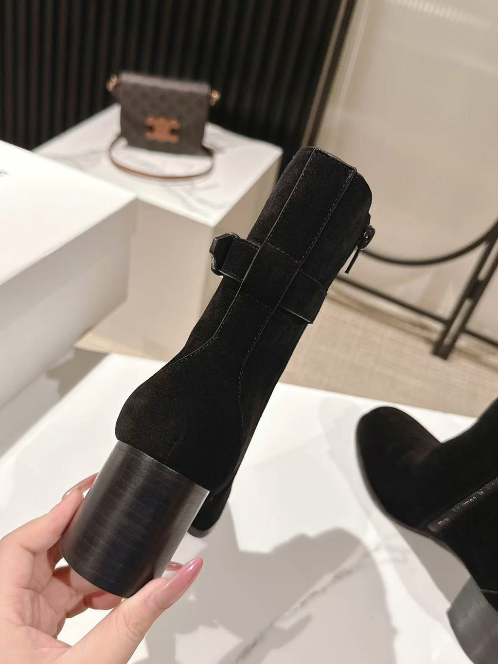 Celine Garance Triomphe Strap Boot 60mm Black Suede